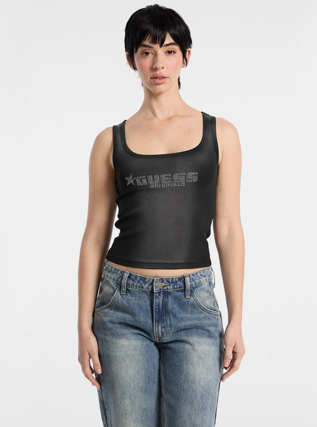 Chic Look Placket Detailing Guess Originals Black Rhinestone Tank Top