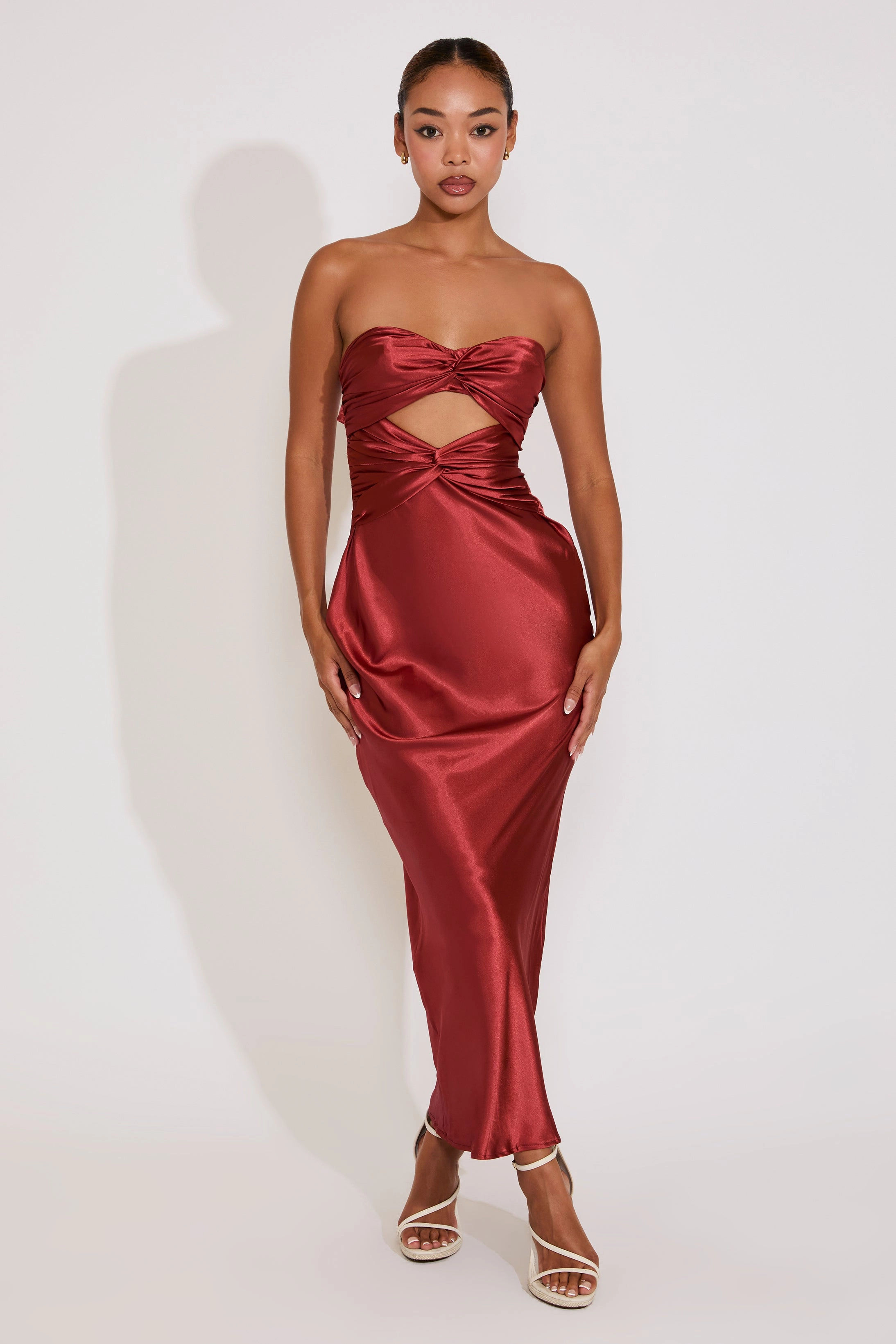 Timeless Layering Relax Form STRAPLESS TWIST FRONT SATIN MAXI DRESS WITH CUTOUT