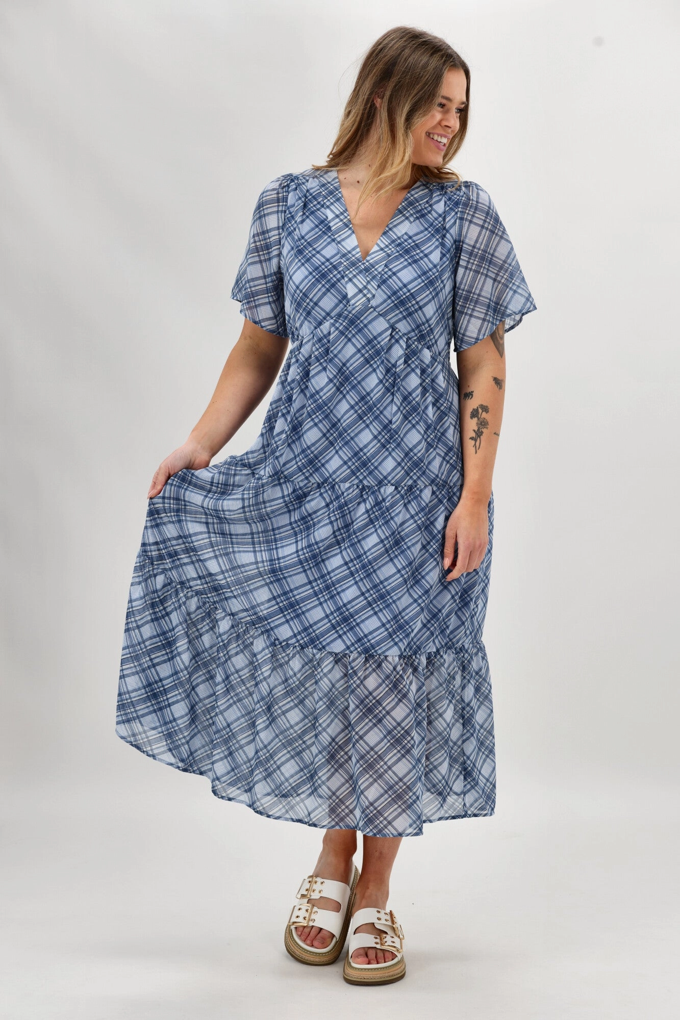 Lounge Vibe Light Aesthetic Shine On Label Avonley Tiered Chiffon Dress Blue Check