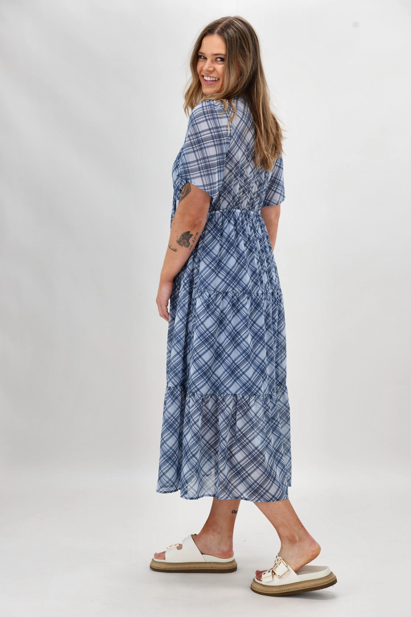 Signature-Style Shine On Label Avonley Tiered Chiffon Dress Blue Check