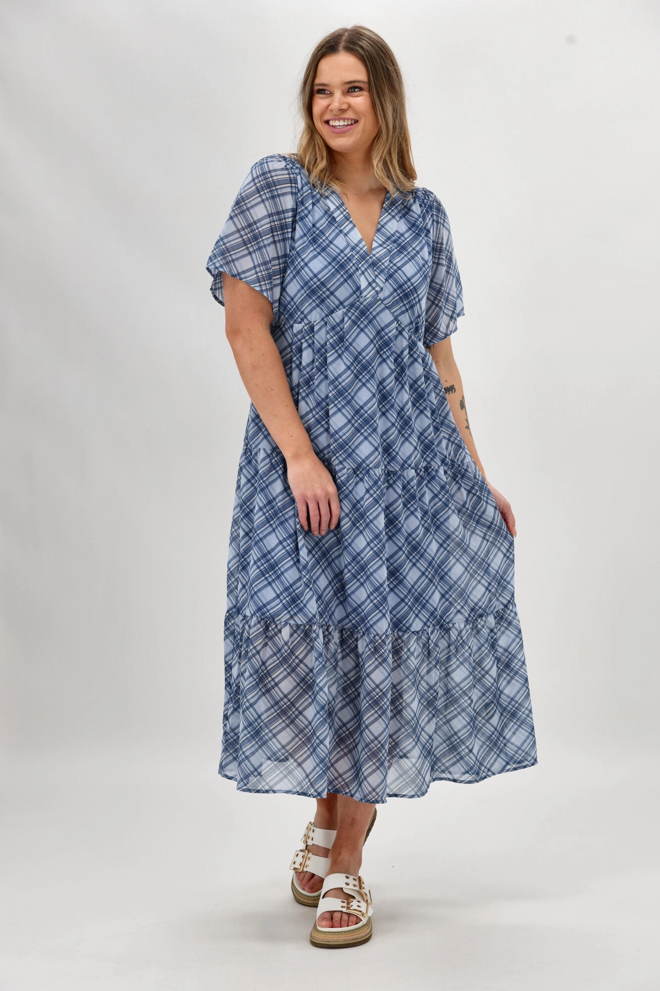 Shine On Label Avonley Tiered Chiffon Dress Blue Check Light Fabric