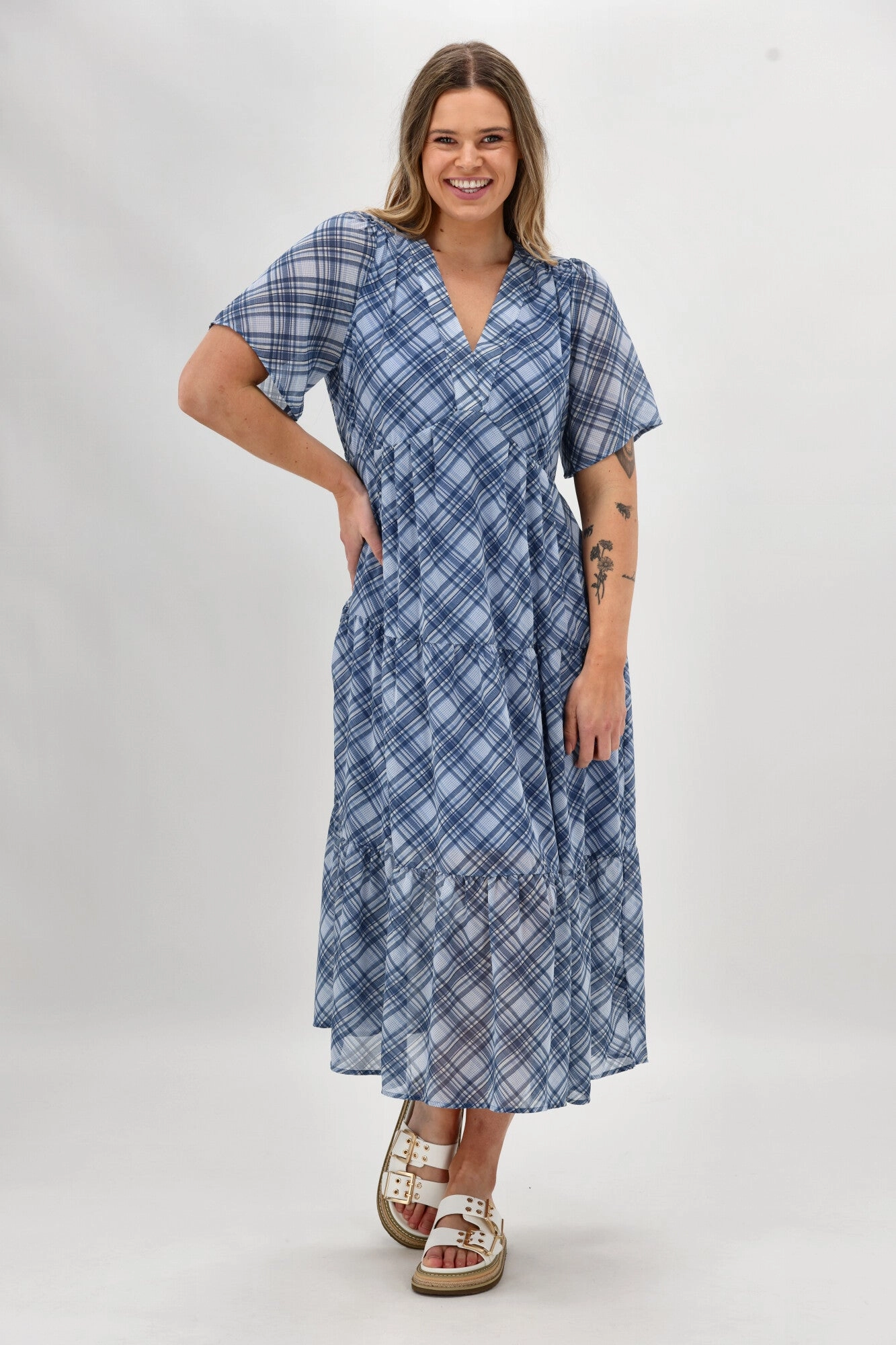 Shine On Label Avonley Tiered Chiffon Dress Blue Check Brunch Tone Simple Comfort