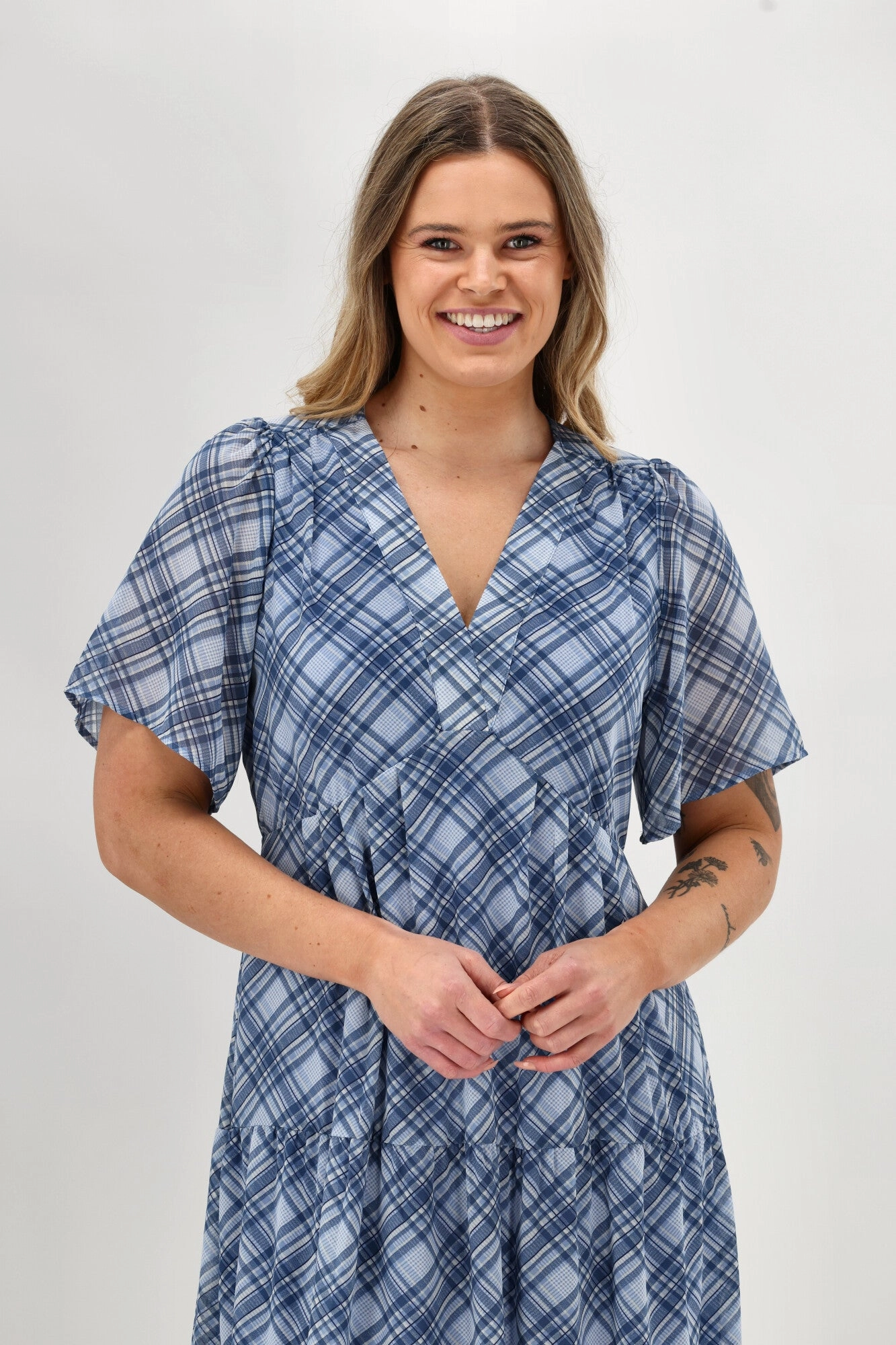 Shine On Label Avonley Tiered Chiffon Dress Blue Check Casual Comfort Wear