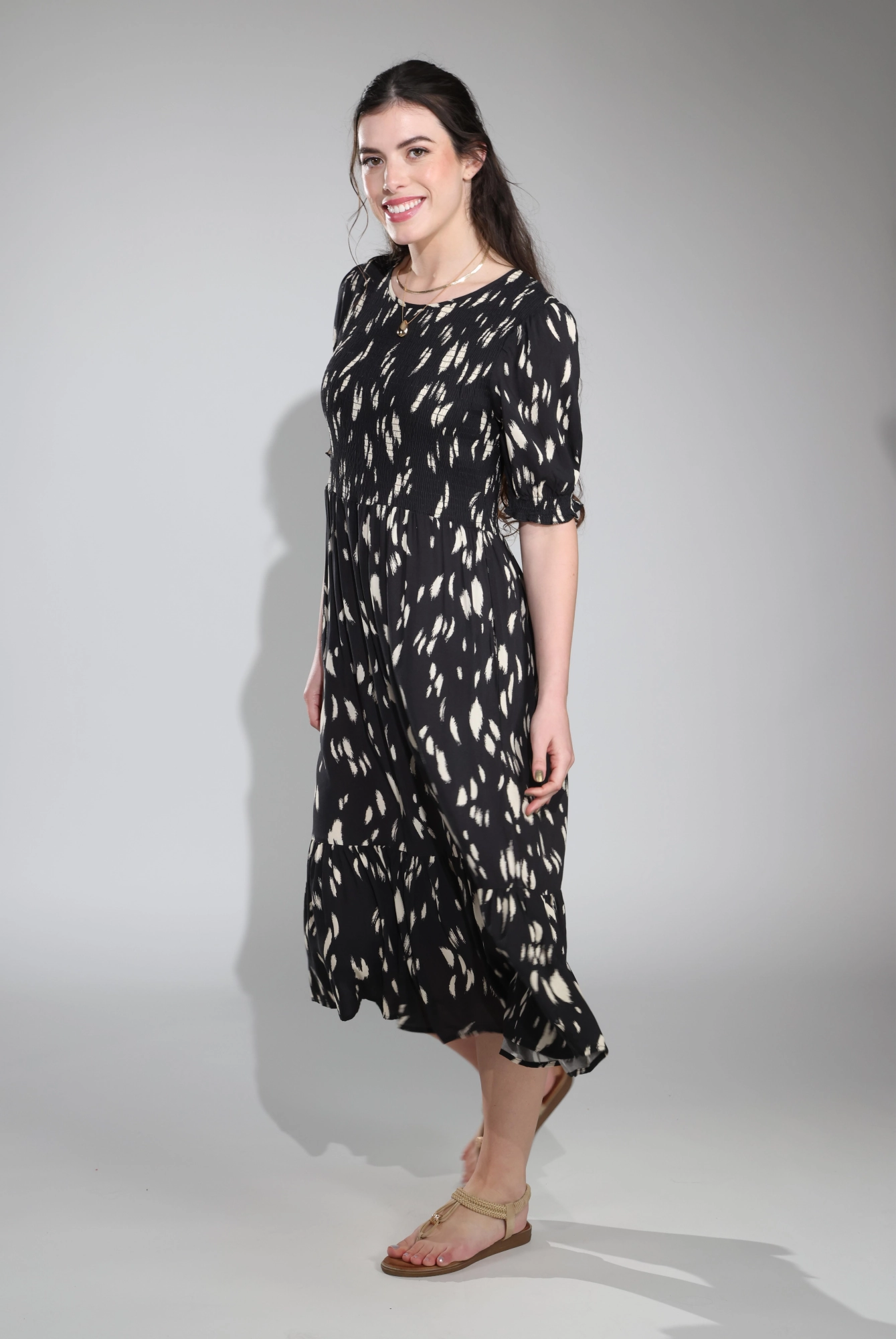 Simple Bow Curvy Glam Dress | Blk Taupe Brushstroke | 7337C1