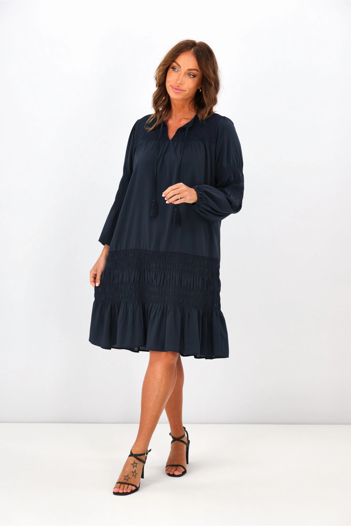 Jane James Shirred Trixie Dress Midnight Navy Comfortable Waist Design Fit