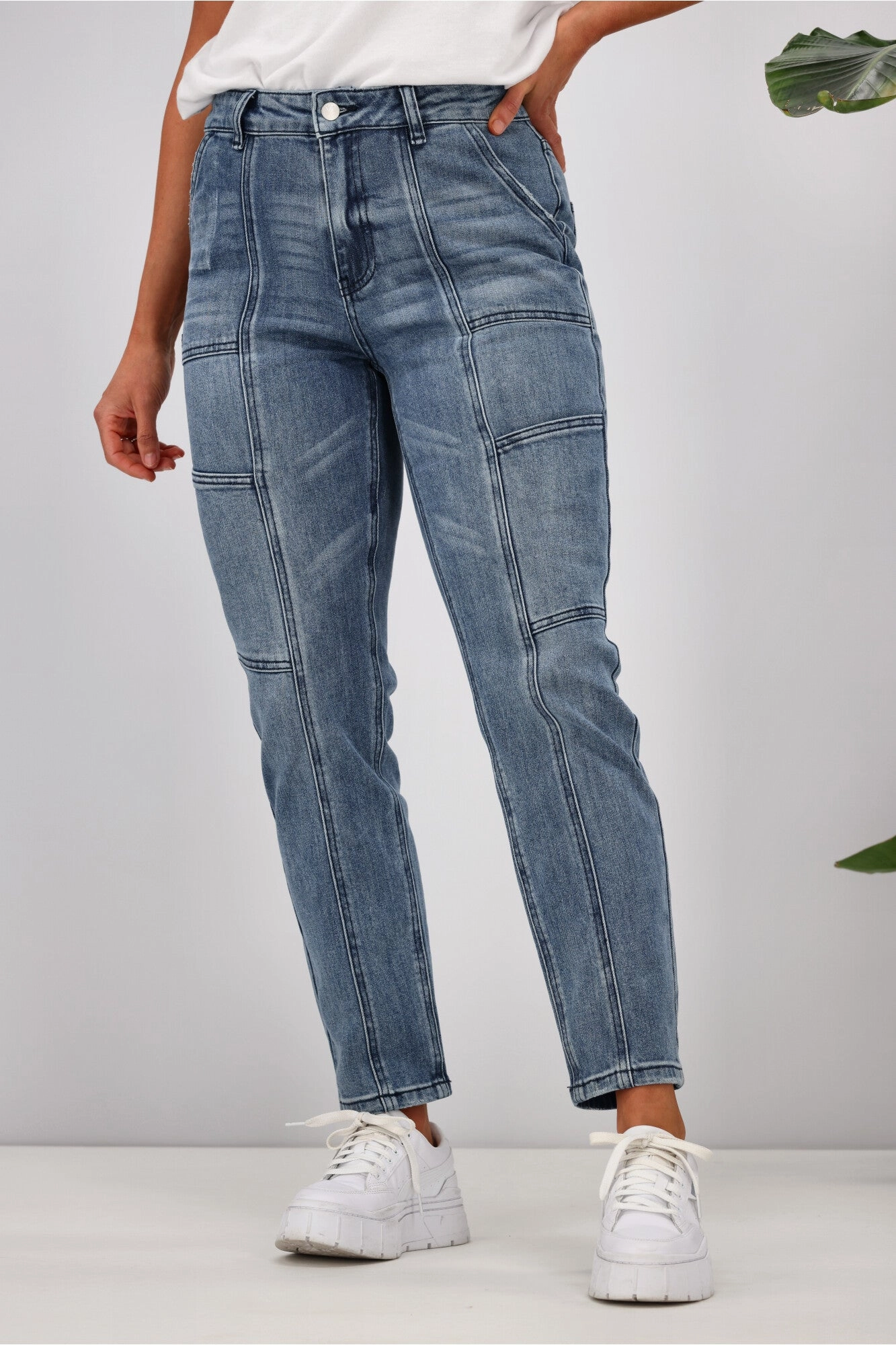 Shine On Label Hudson Utility Straight Jean Washed Blue Sleek Vibe Elastic waist