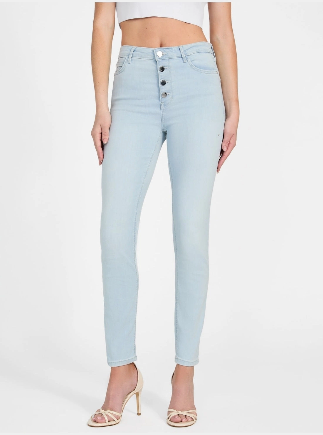 High Rise Skinny 1981 Exposed Button Jeans in Nuage Light Wash Premium Material UltraSoft Lining