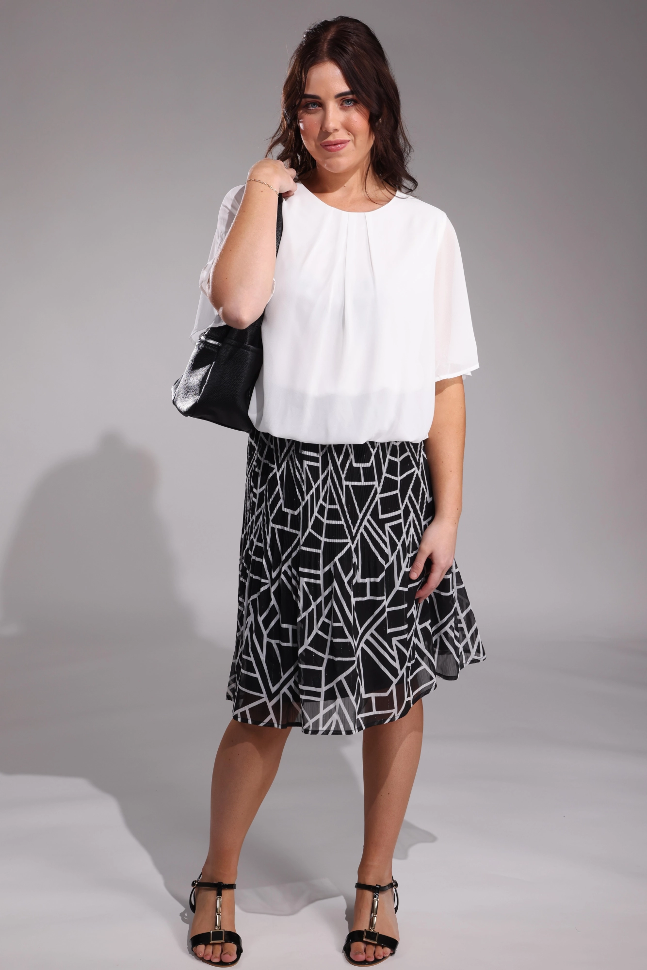 Sophisticated Casual Couture Inspired Mini pleat printed Chiffon Skirt | Black Ivory Geo | 8574A1