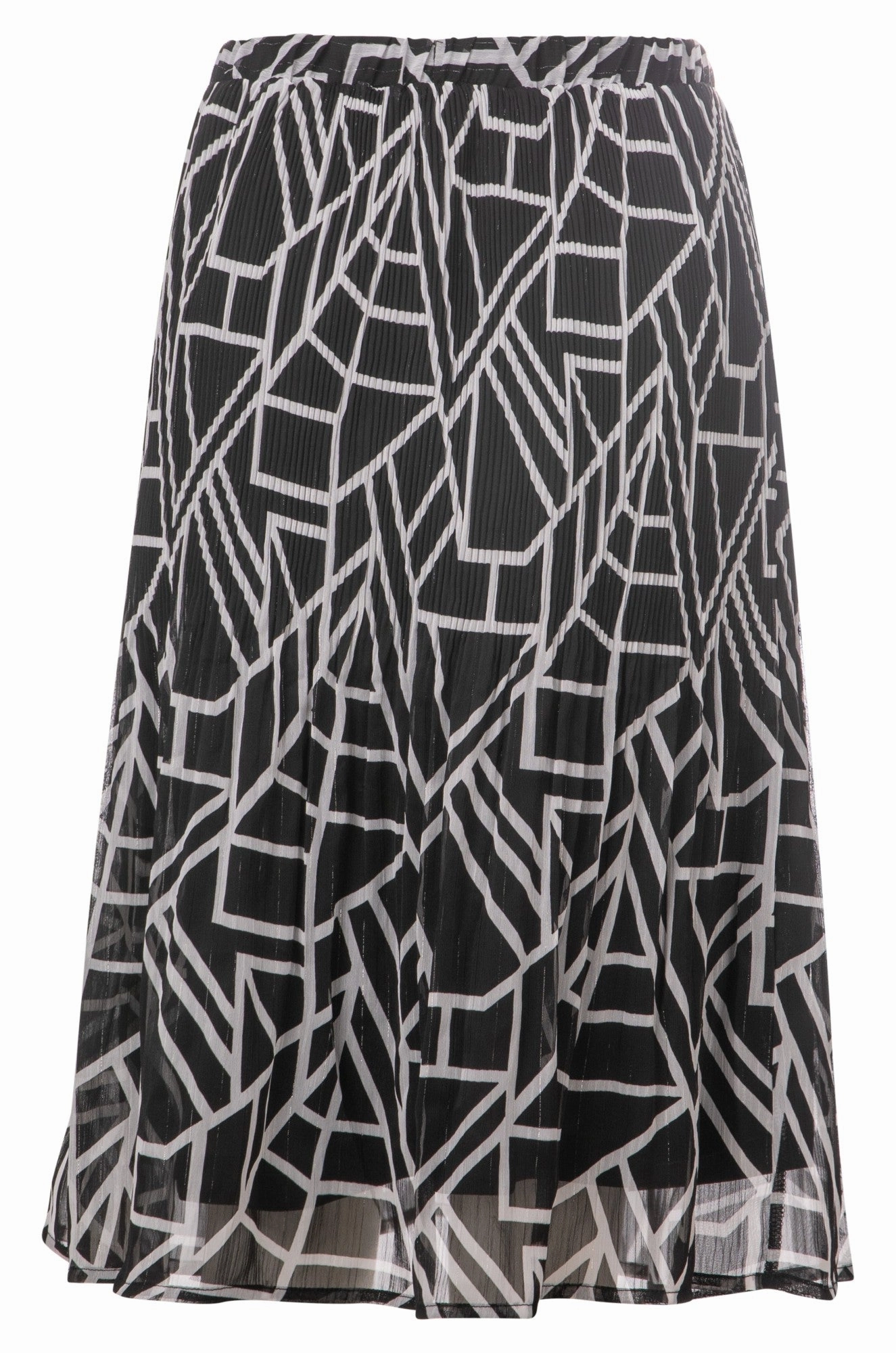 Elegant Look Style Staple Mini pleat printed Chiffon Skirt | Black Ivory Geo | 8574A1