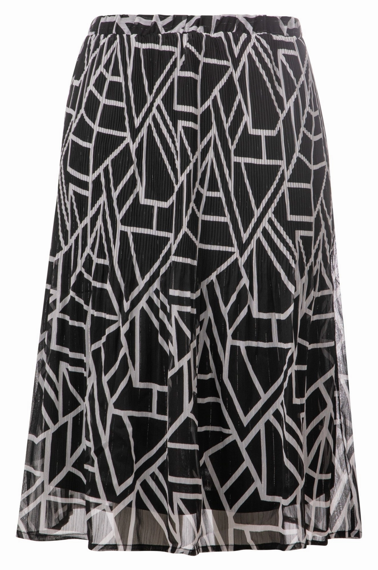 Elasticized Cuff Mini pleat printed Chiffon Skirt | Black Ivory Geo | 8574A1
