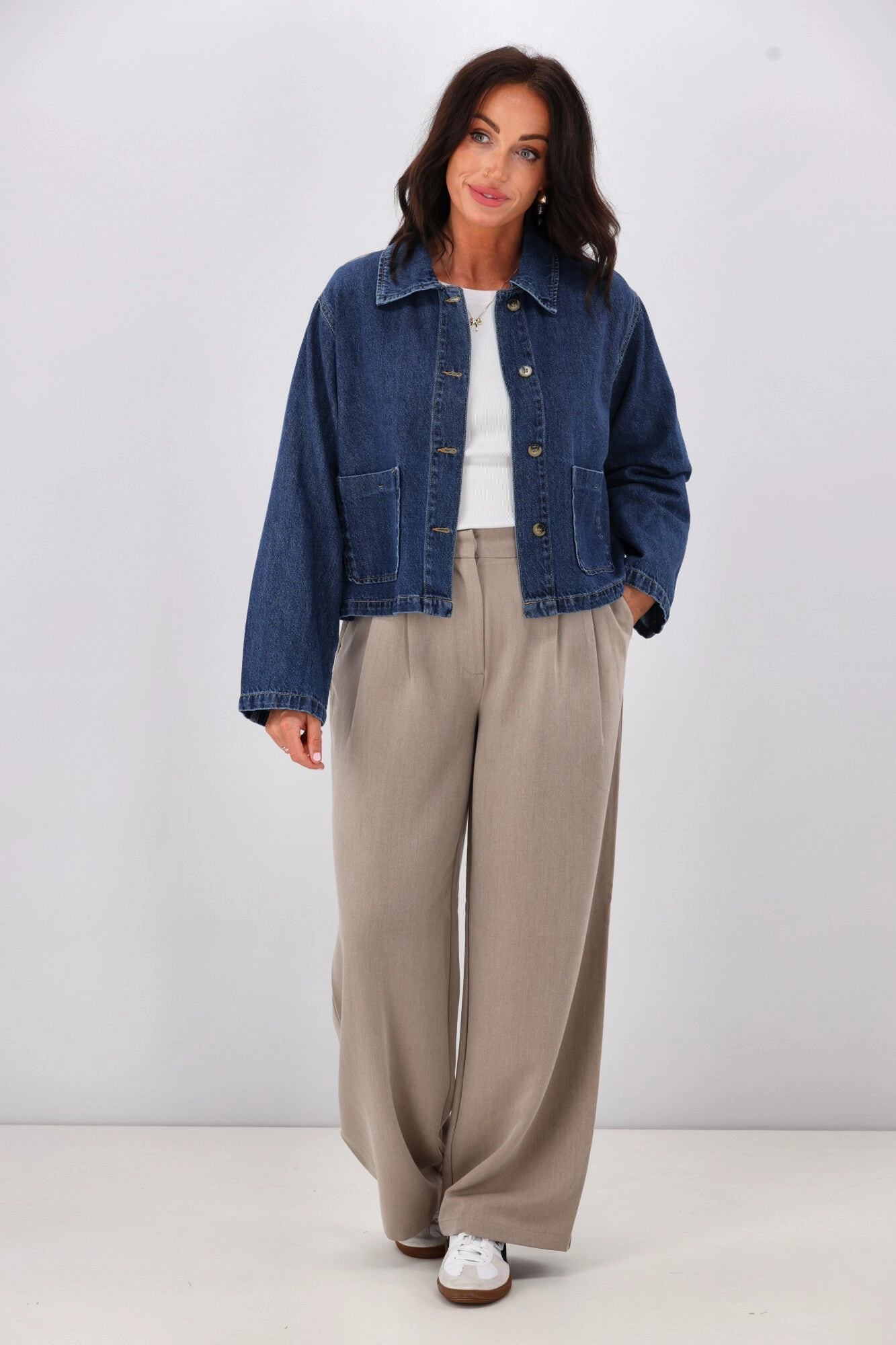 Full Length Zipper Closure Wind Stop ONLY Lerin Pocket Denim Jacket Dark Blue