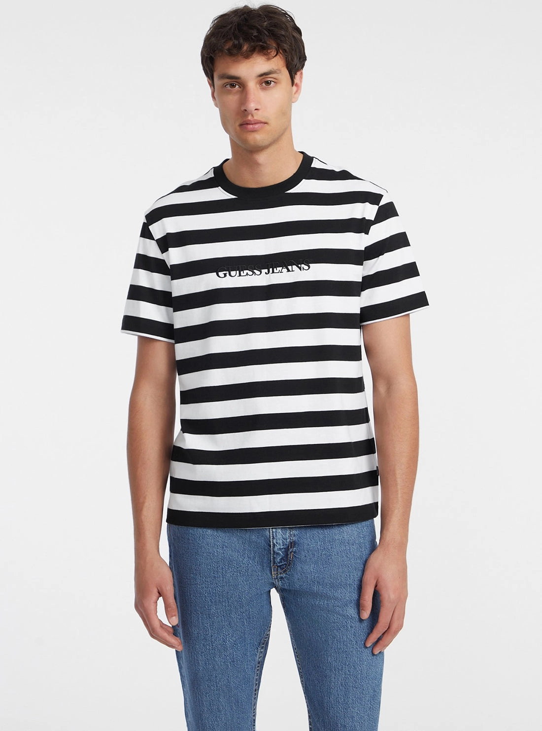 Guess Jeans Black White Striped T-Shirt Lightweight Material Adjustable Cuff System