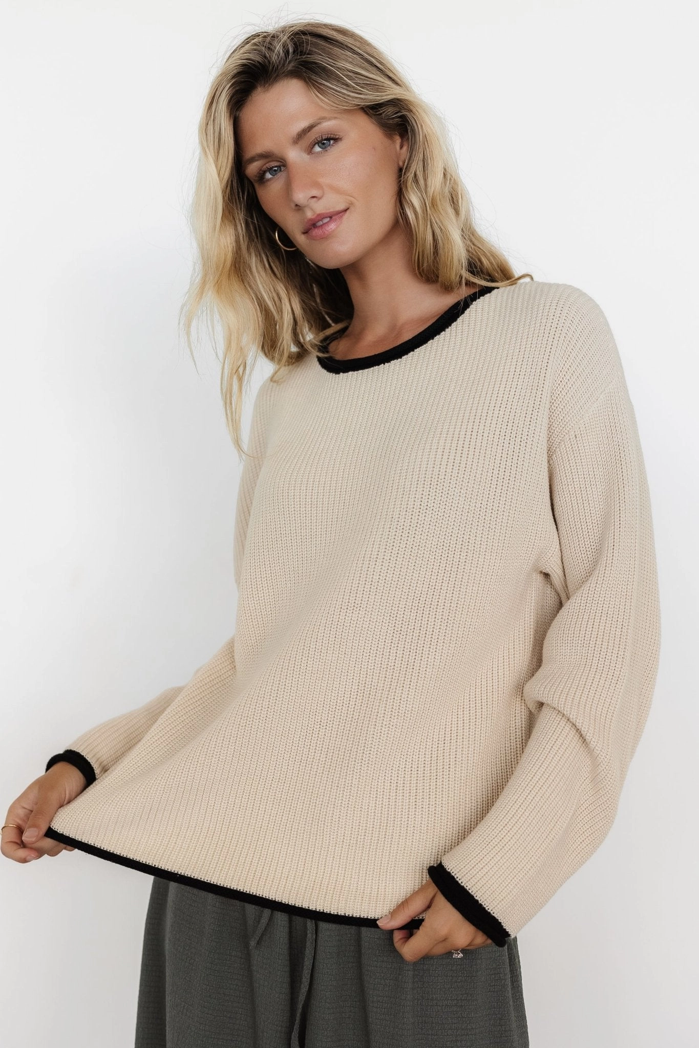 Winter Fashionable Comfy Material Tiffany Knit Sweater | Cream   Black