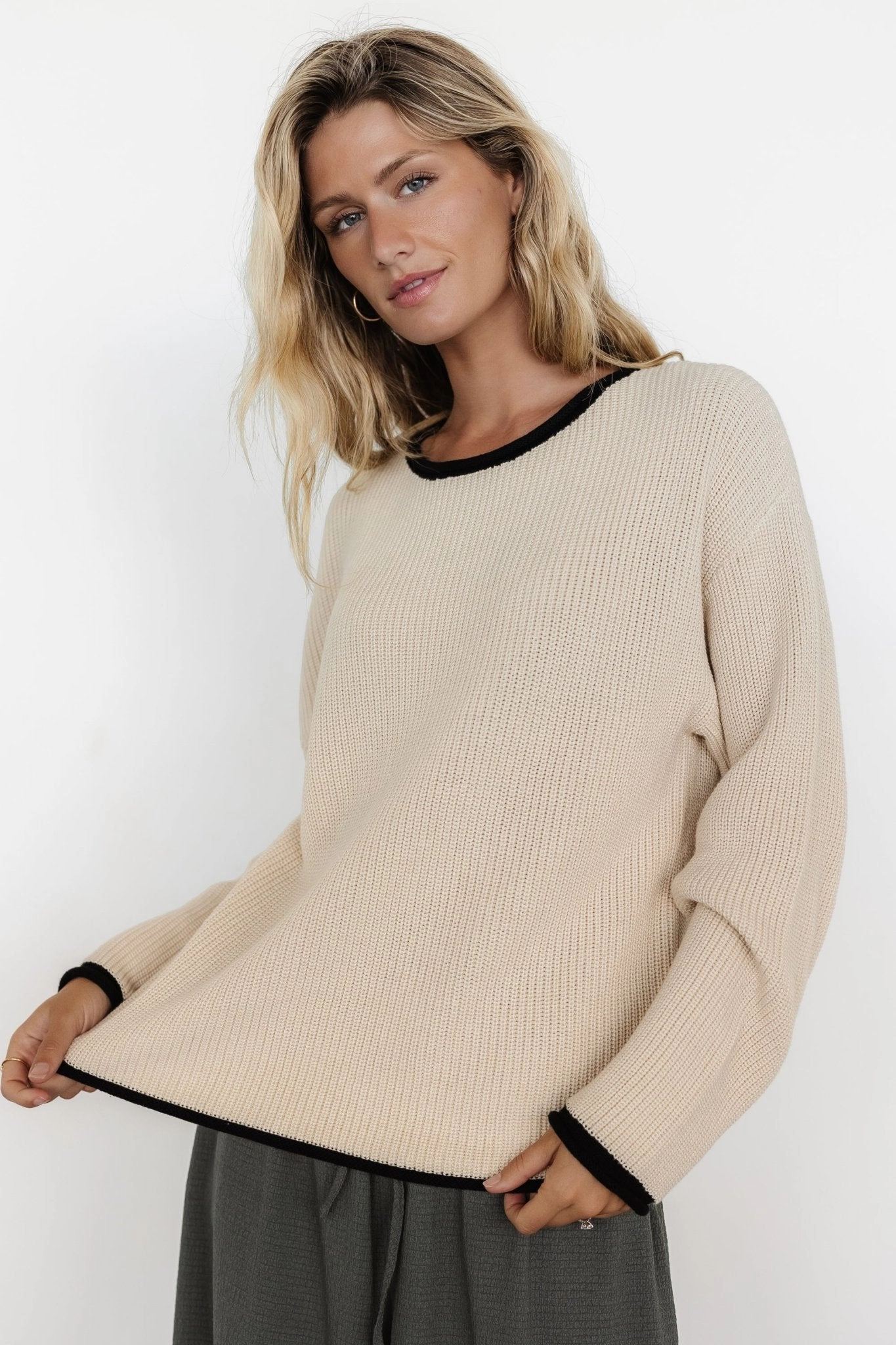 Bias Cut Hem Details Perfectly Warm Tiffany Knit Sweater | Cream   Black