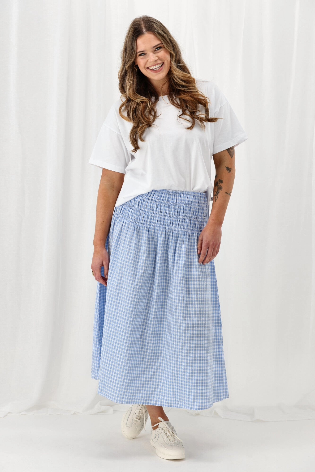 light feel Breezy Look Shine On Label Haylene Shirred Waist Skirt Blue Gingham