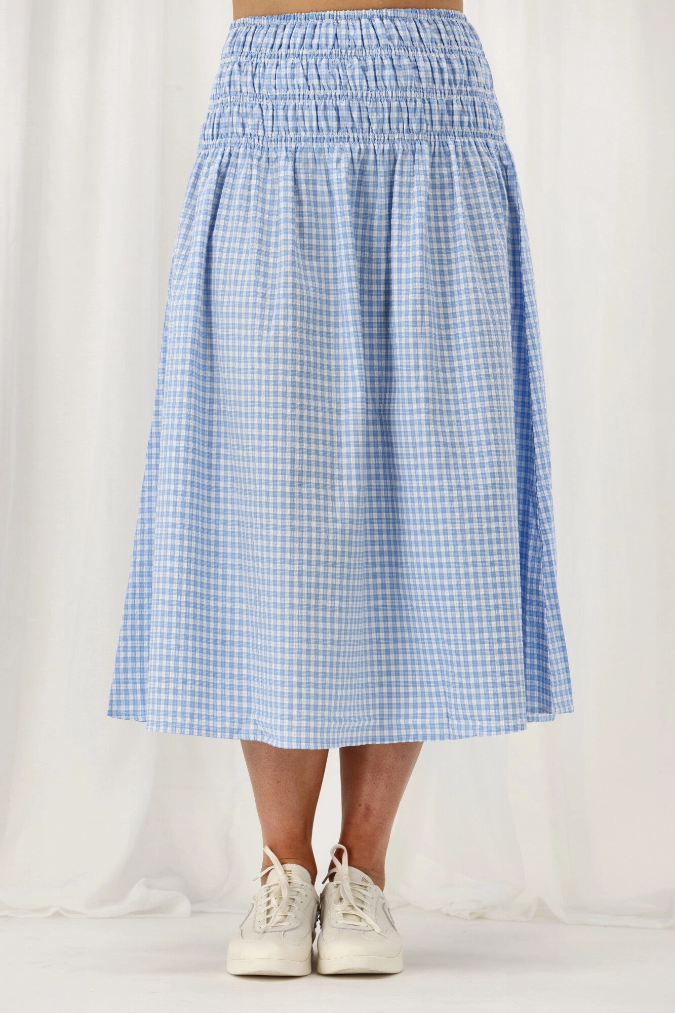 Simple looks Diagonal Slit Shine On Label Haylene Shirred Waist Skirt Blue Gingham