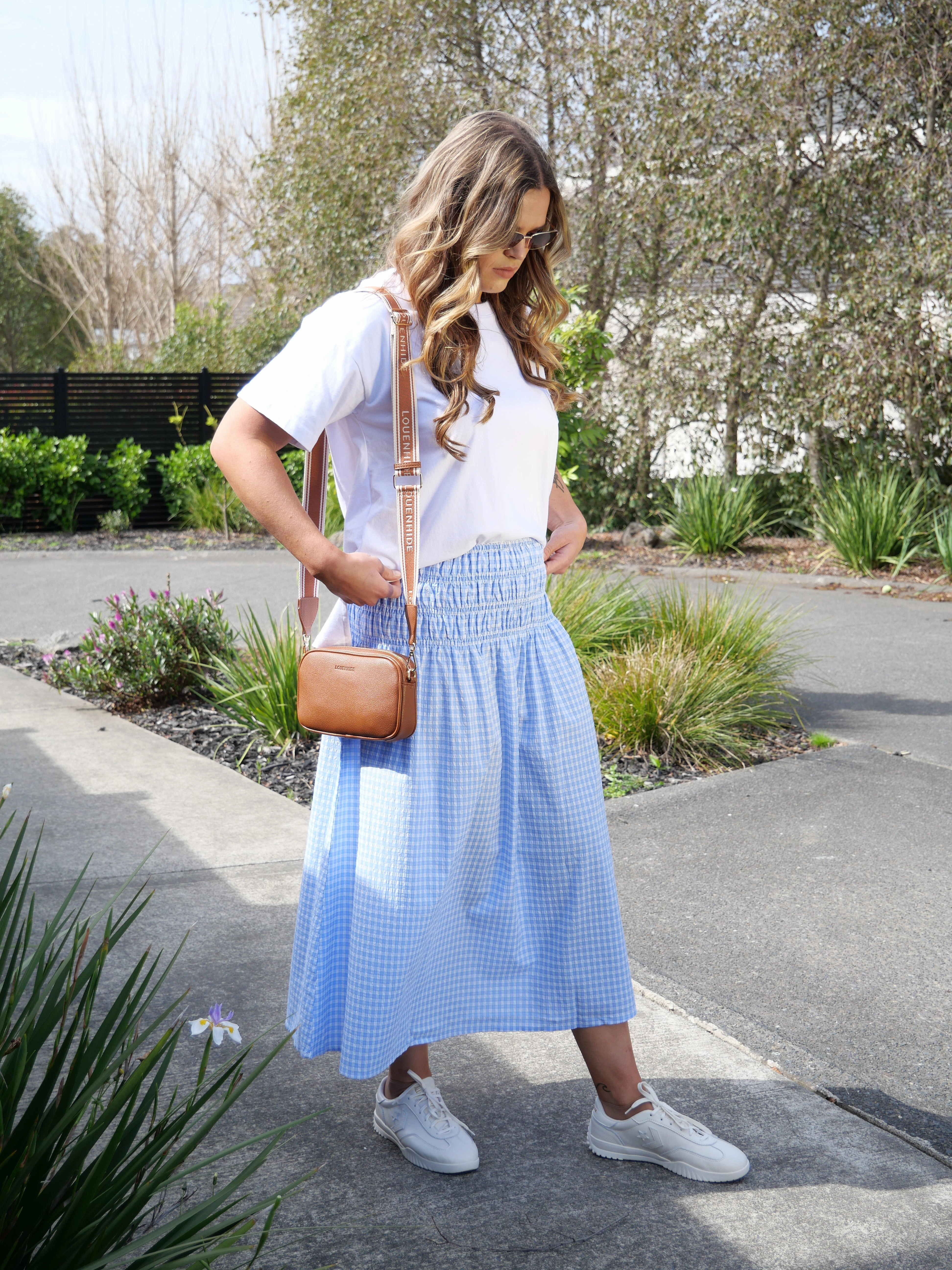 Shine On Label Haylene Shirred Waist Skirt Blue Gingham Outfit Ideas
