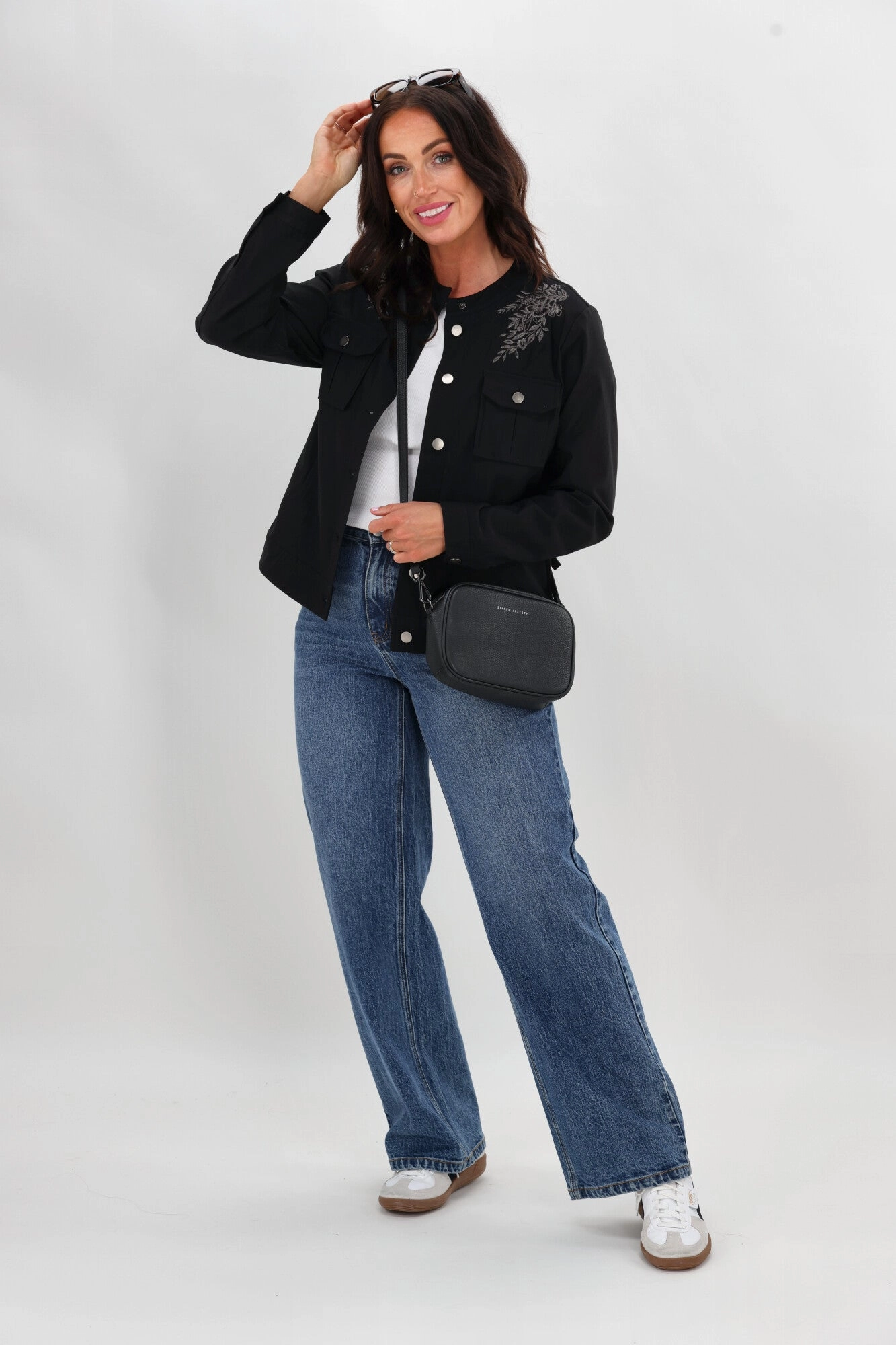 Sunday Boho Teller Embroidered Yoke Jacket Black Flat Lock Stitching City Walking Style