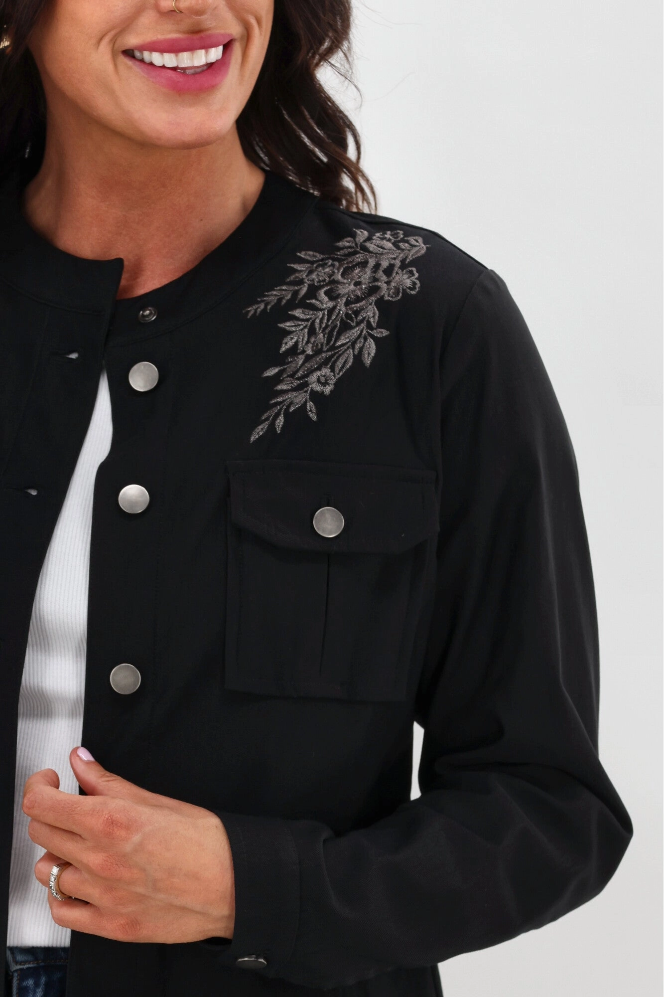 Sunday Boho Teller Embroidered Yoke Jacket Black Quick Access Hidden Pockets