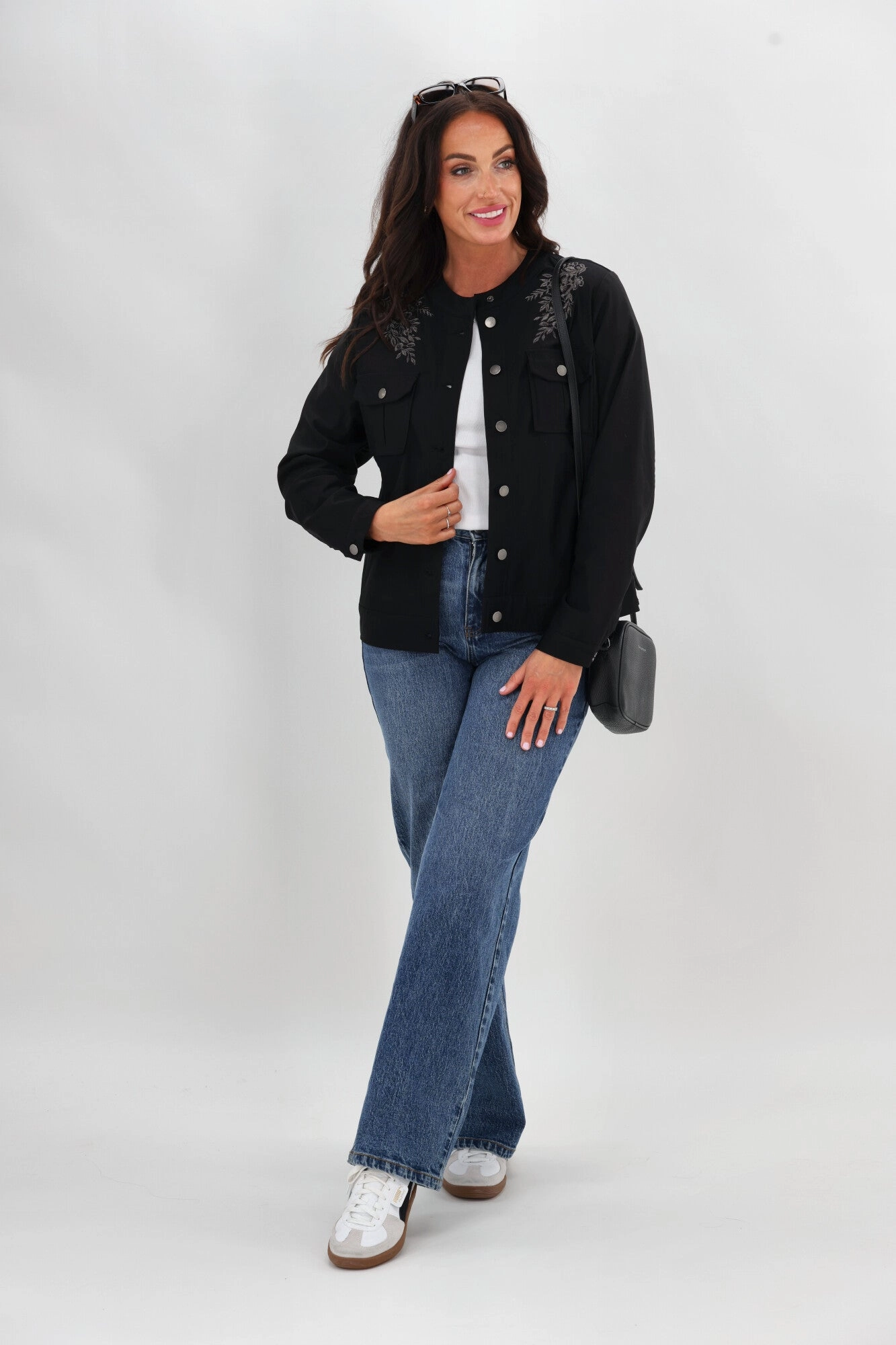 Cozy Fit Subtle Layers Sunday Boho Teller Embroidered Yoke Jacket Black