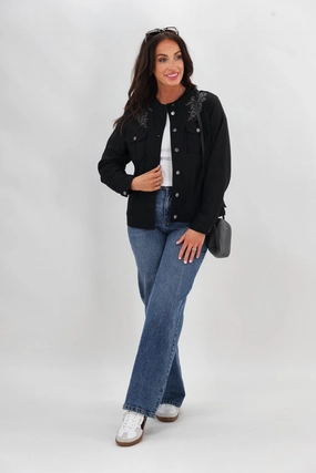 Cozy Fit Subtle Layers Sunday Boho Teller Embroidered Yoke Jacket Black