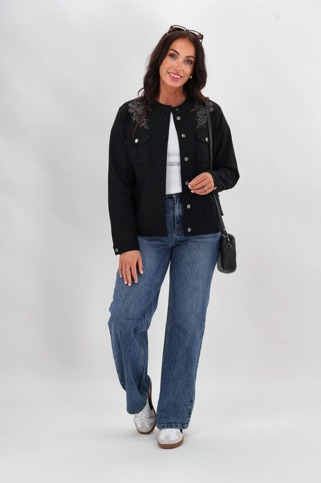 Sunday Boho Teller Embroidered Yoke Jacket Black Packable Style anti static coating