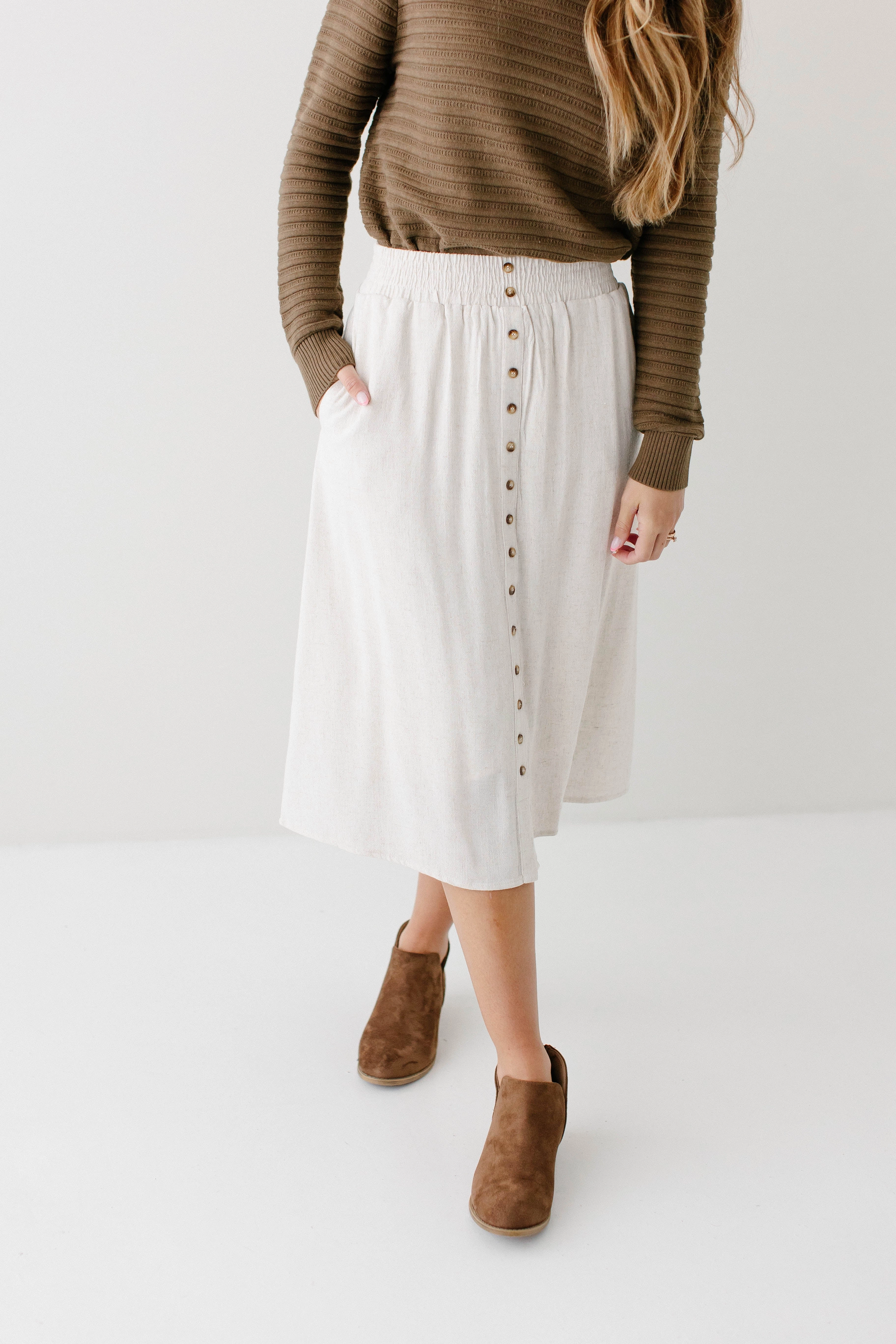 Refined Texture 'Greta' Button Front Midi Skirt