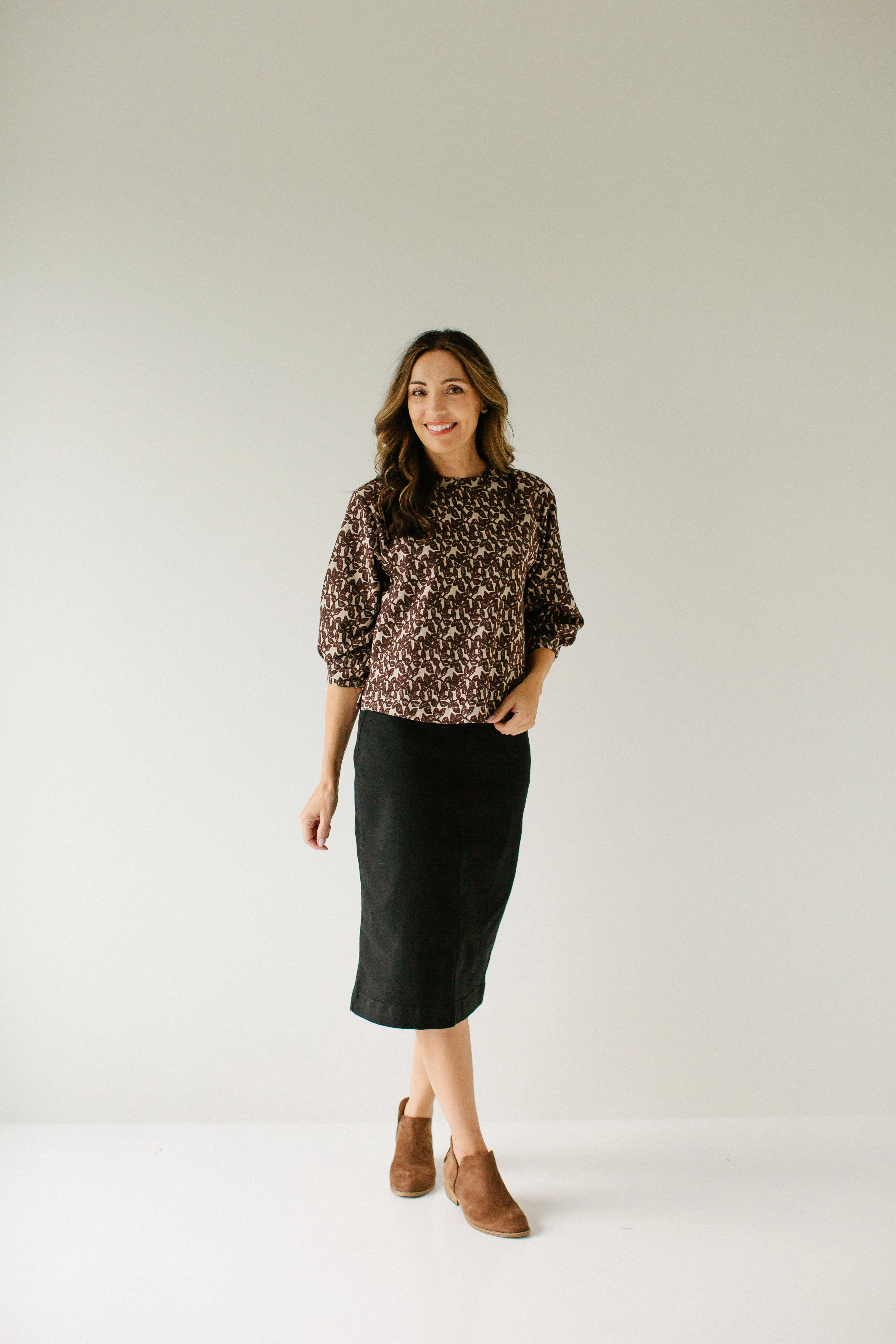 'Sara' Stretch Denim Skirt in Black Geometric Print light colors