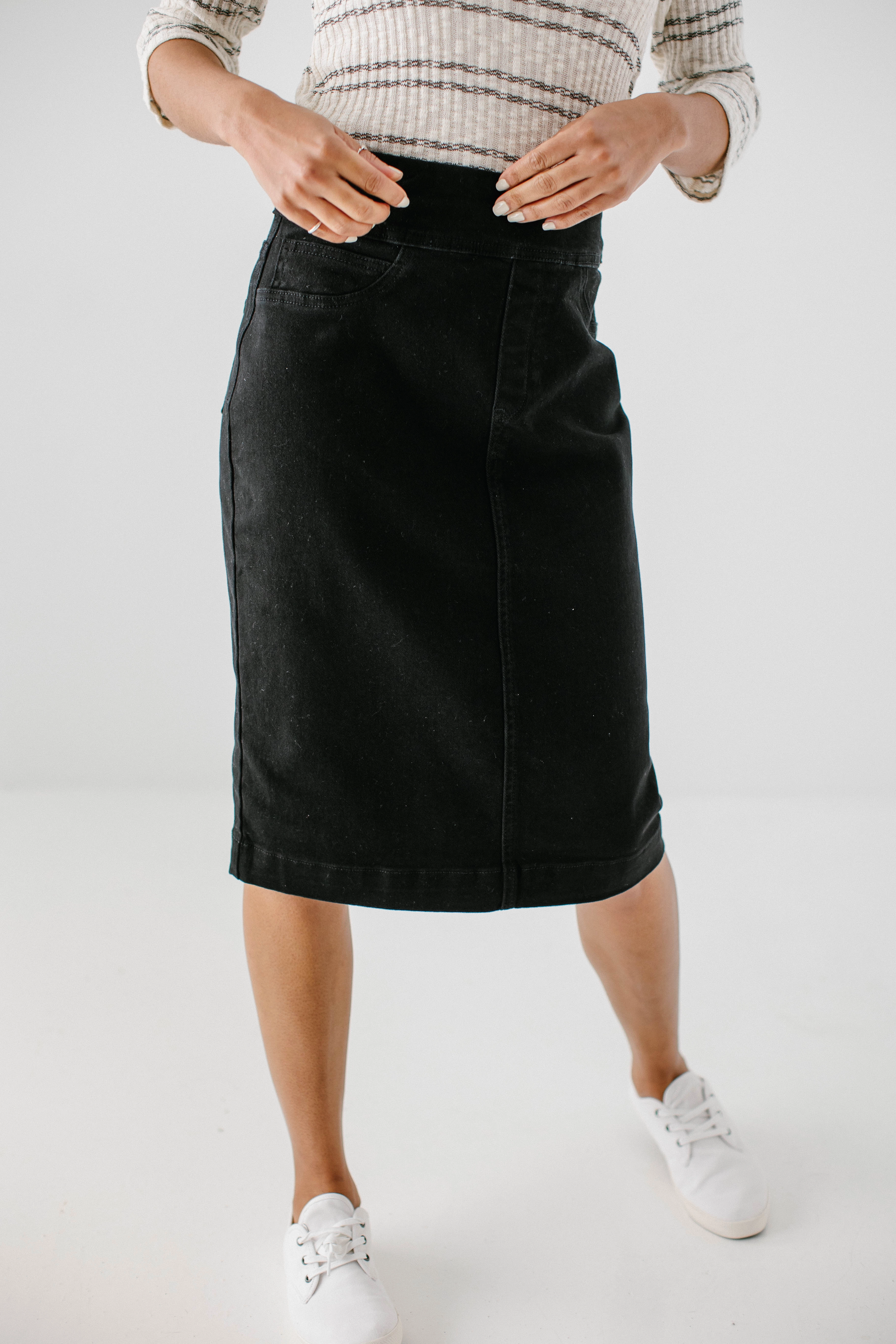 'Sara' Stretch Denim Skirt in Black Polished Look Key Feature