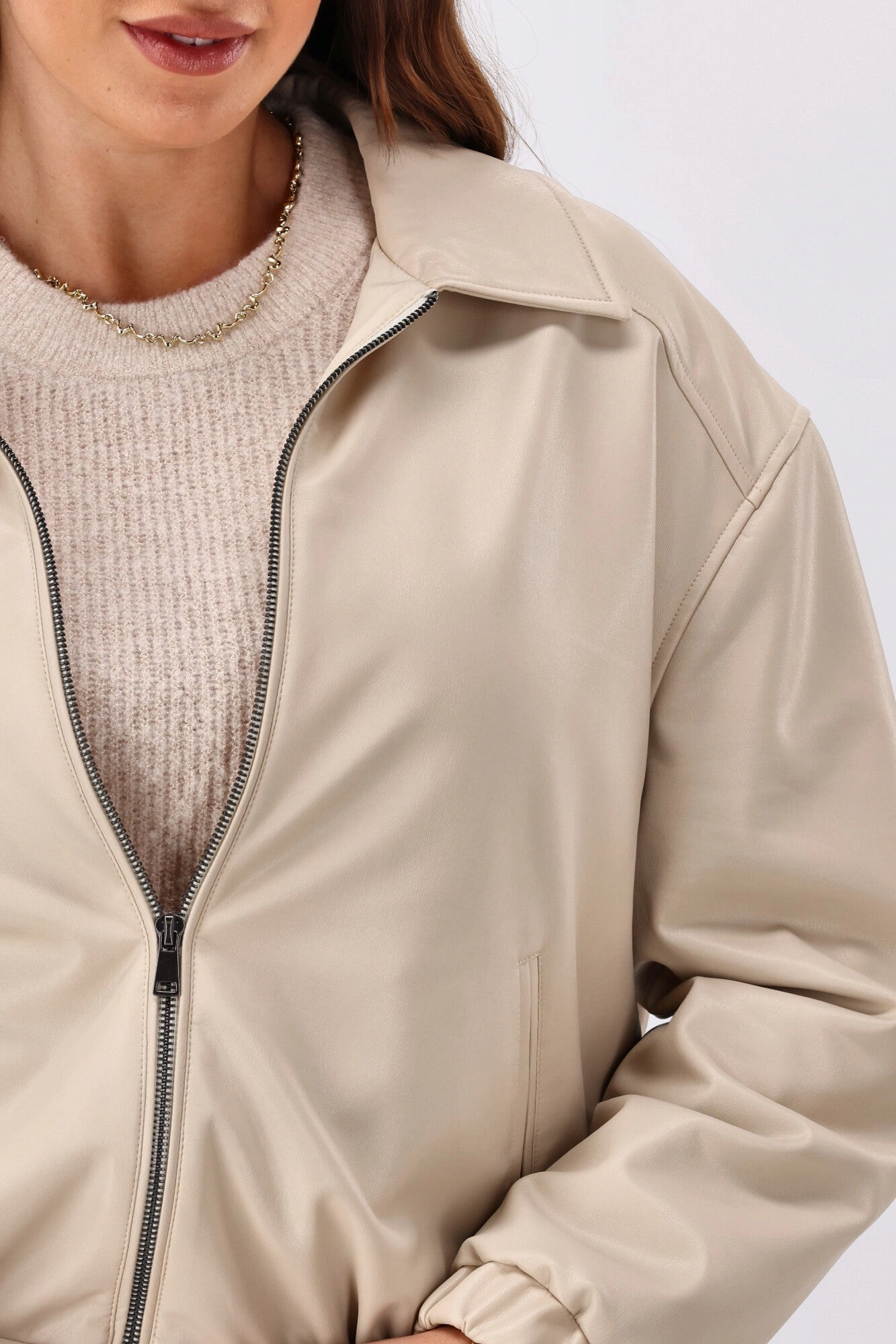 Shine On Label Aidia Pleather Jacket Taupe 360?? Visibility