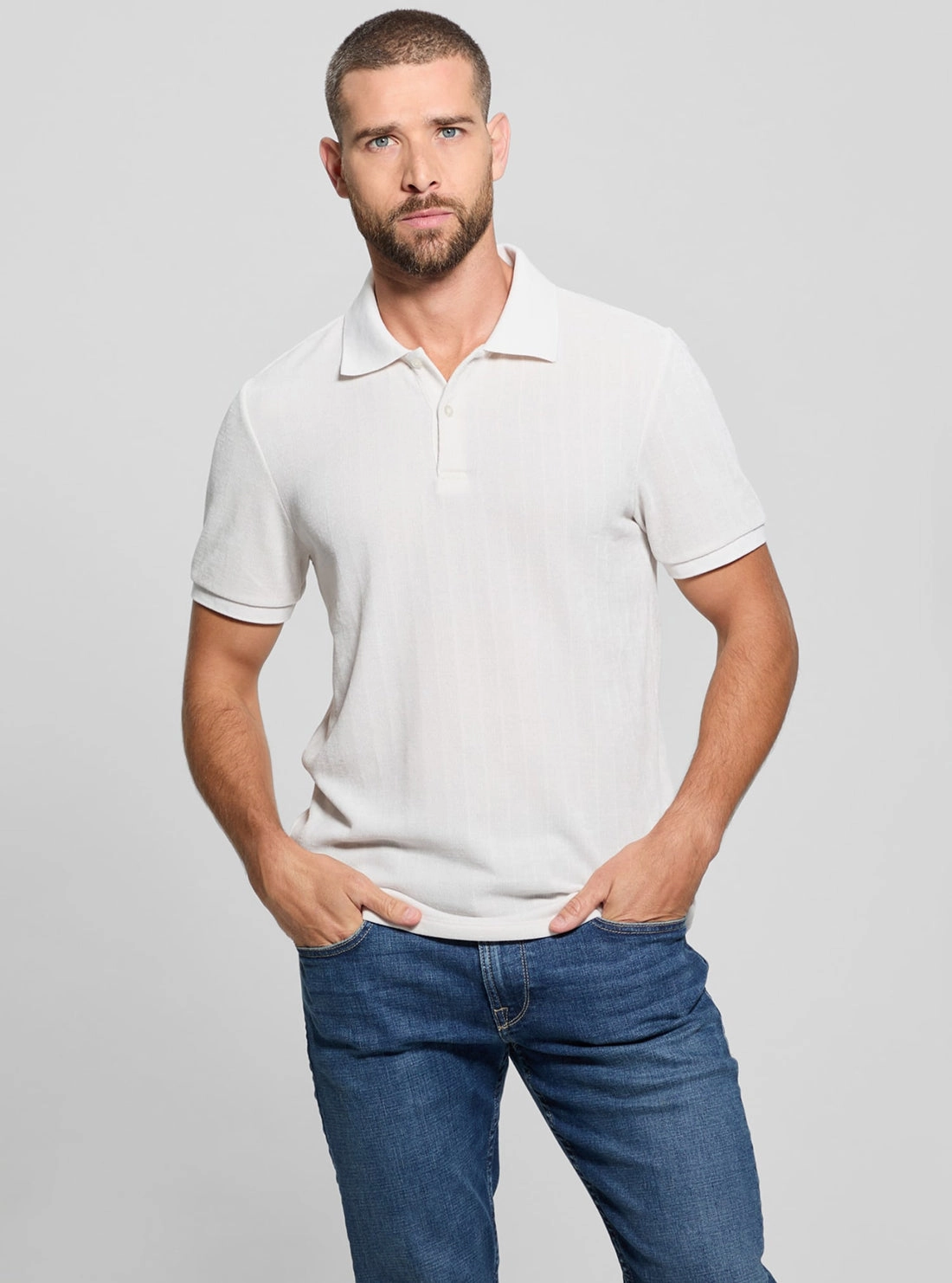 DoubleLayeredCollar Beige Parker Velour Stripe Polo T-Shirt