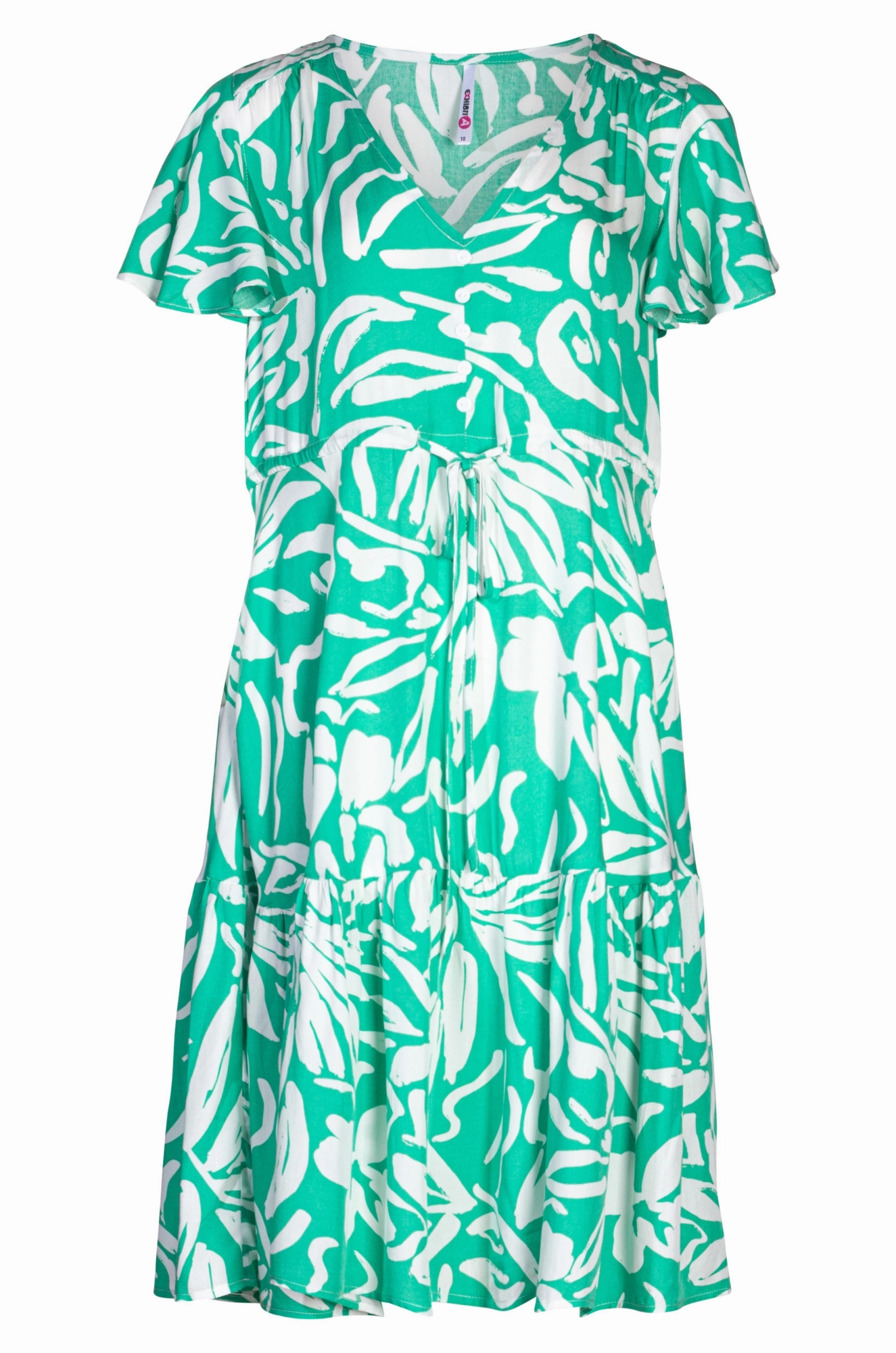 V neck  & cap frill sleeve Dress | Jade Ivory Leaf | 3343A1 Soft Curve Silky Finish