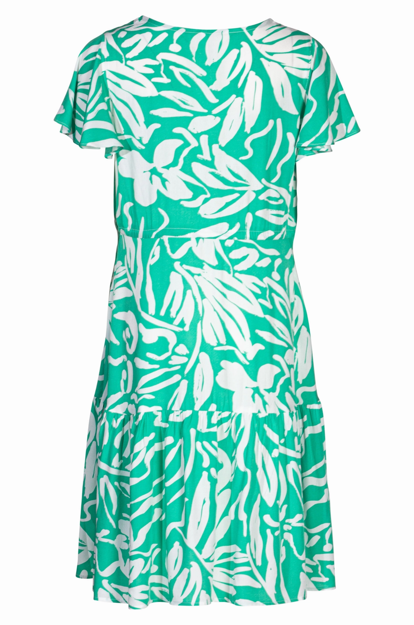 V neck  & cap frill sleeve Dress | Jade Ivory Leaf | 3343A1 Polished Wear Structured-Shape