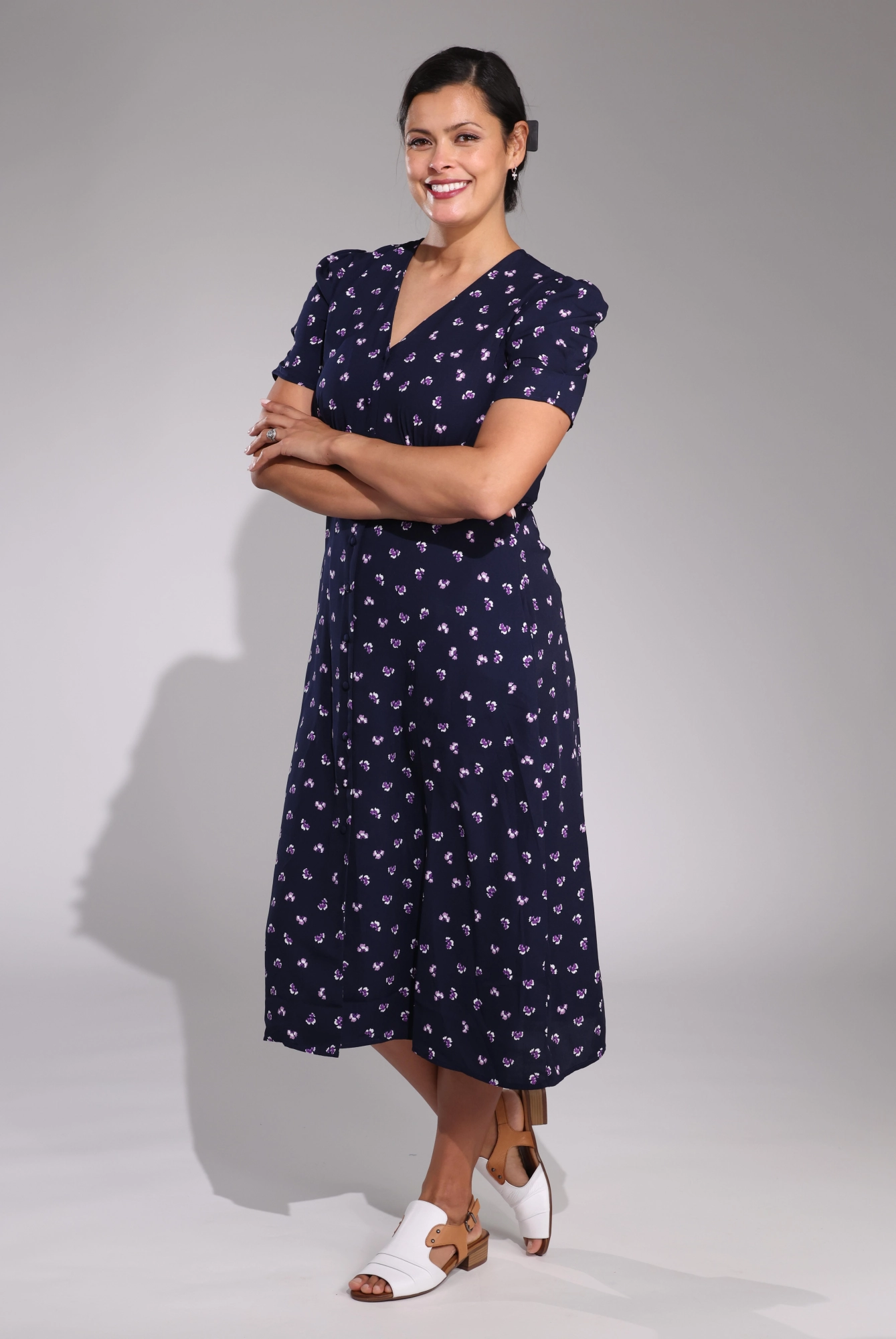 Soft and Smooth Charming Style V Neck Midi Dress | Navy Petal | 4571C1