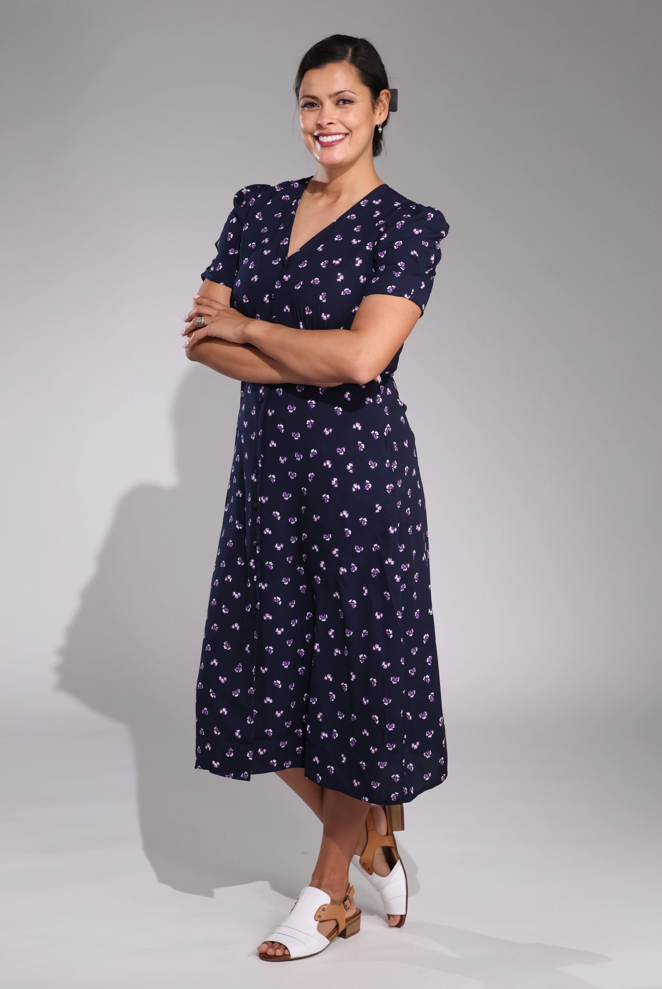 V Neck Midi Dress | Navy Petal | 4571C1 Smooth Lines