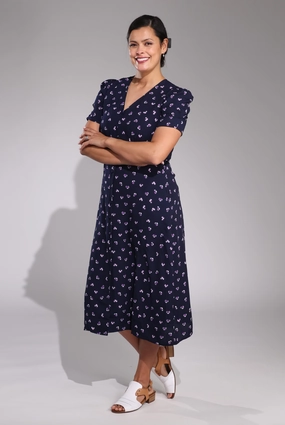 Soft and Smooth Charming Style V Neck Midi Dress | Navy Petal | 4571C1