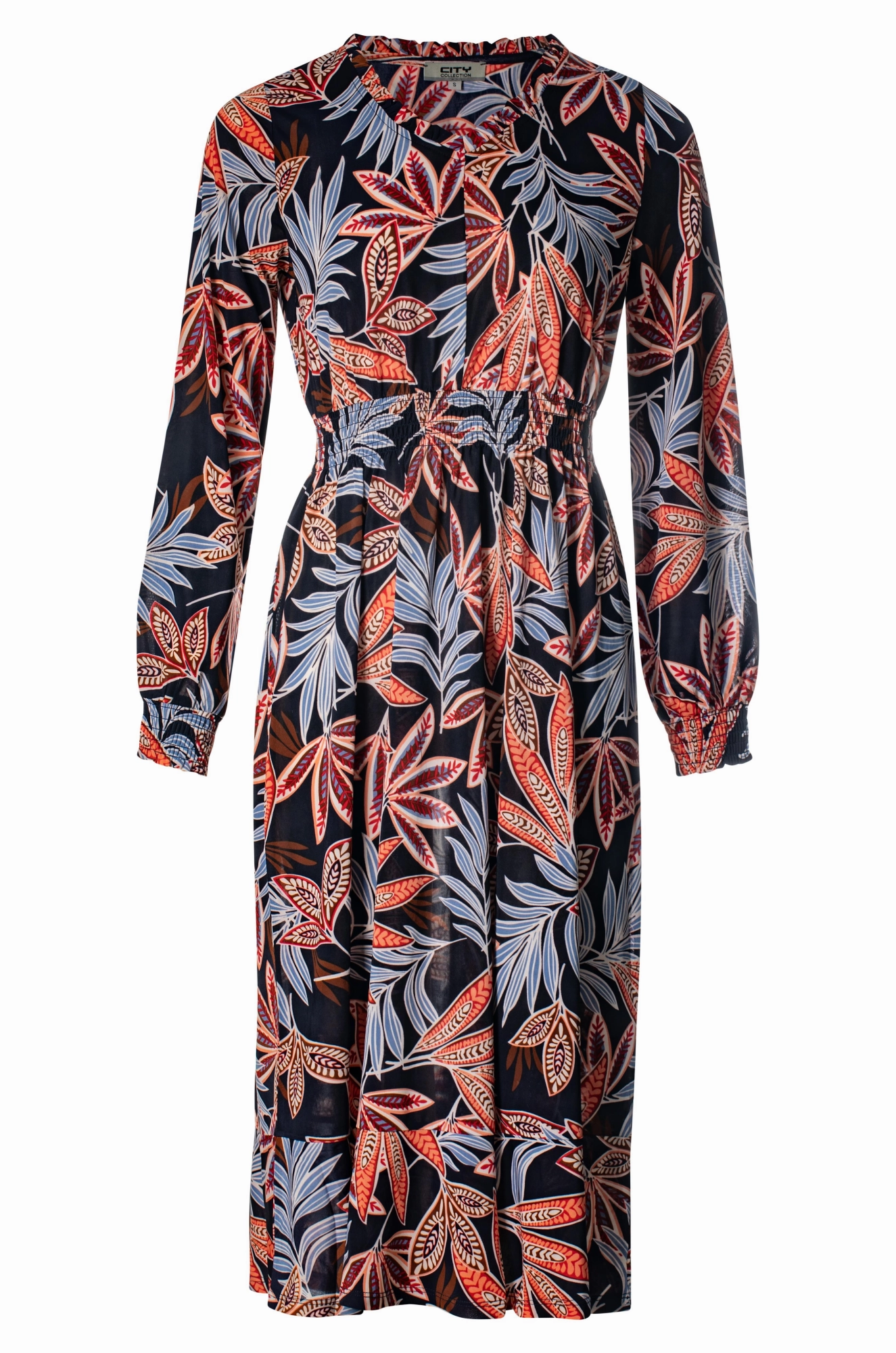 Sophisticated Elegance V neck printed Slinky Dress | Navy Spice Leaf | 7406BR