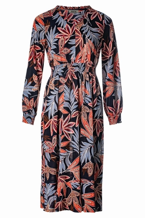 V neck printed Slinky Dress | Navy Spice Leaf | 7406BR Summer Friendly Smooth Drape
