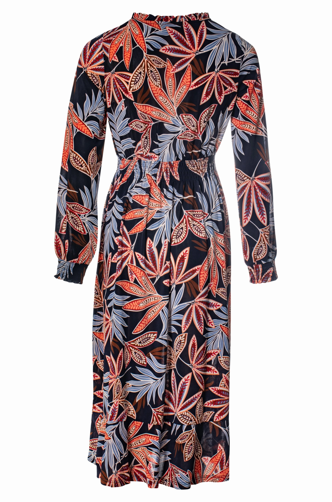 V neck printed Slinky Dress | Navy Spice Leaf | 7406BR Smart Vibe