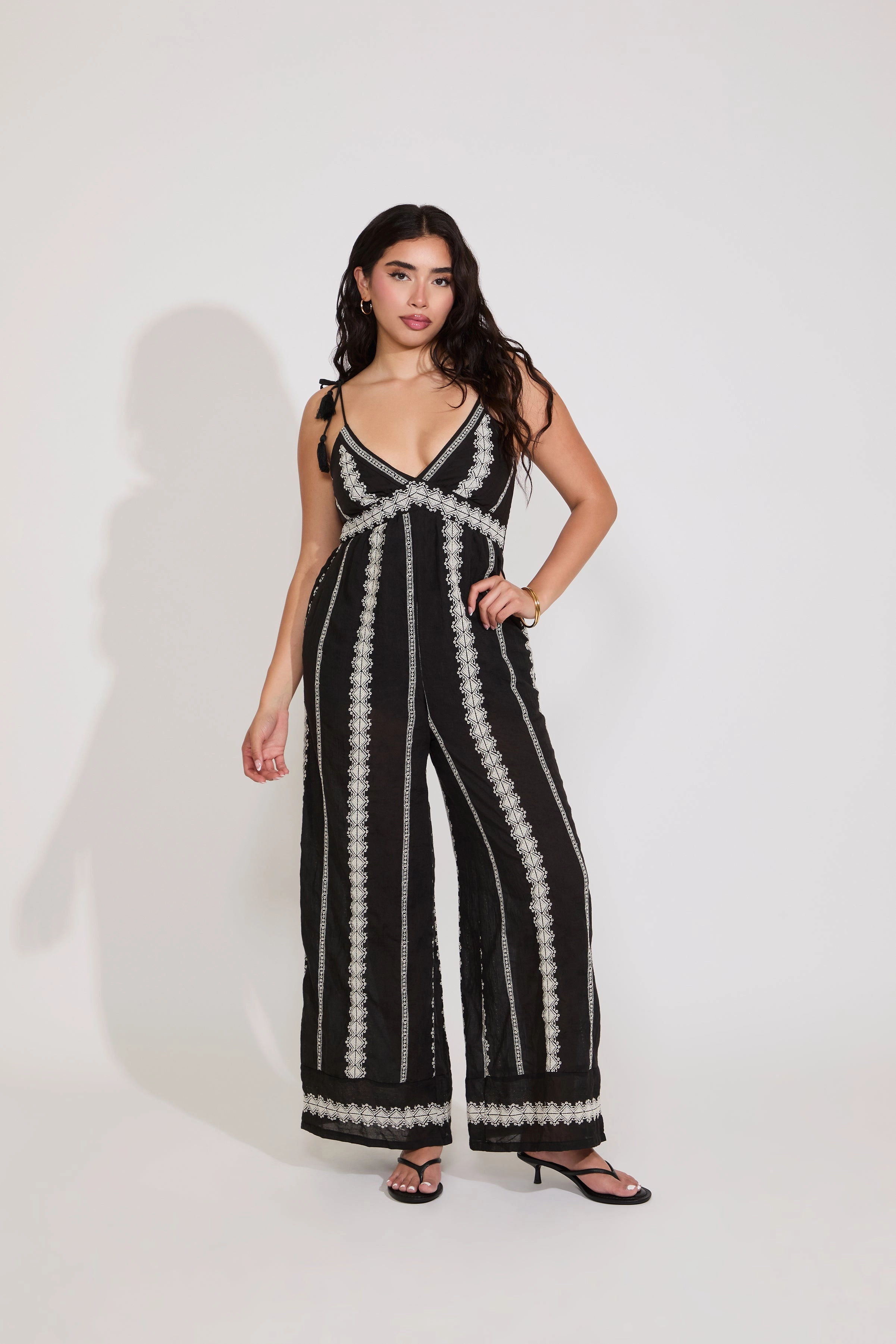 Sun-Protective V NECK SLEEVELESS WIDE LEG EMBROIDERED JUMPSUIT