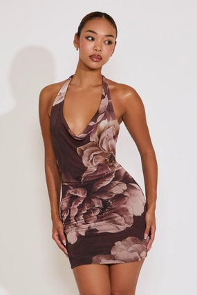 V TIE NECK LARGE FLORAL PRINT MINI DRESS Pure Stitch Bell-Sleeve