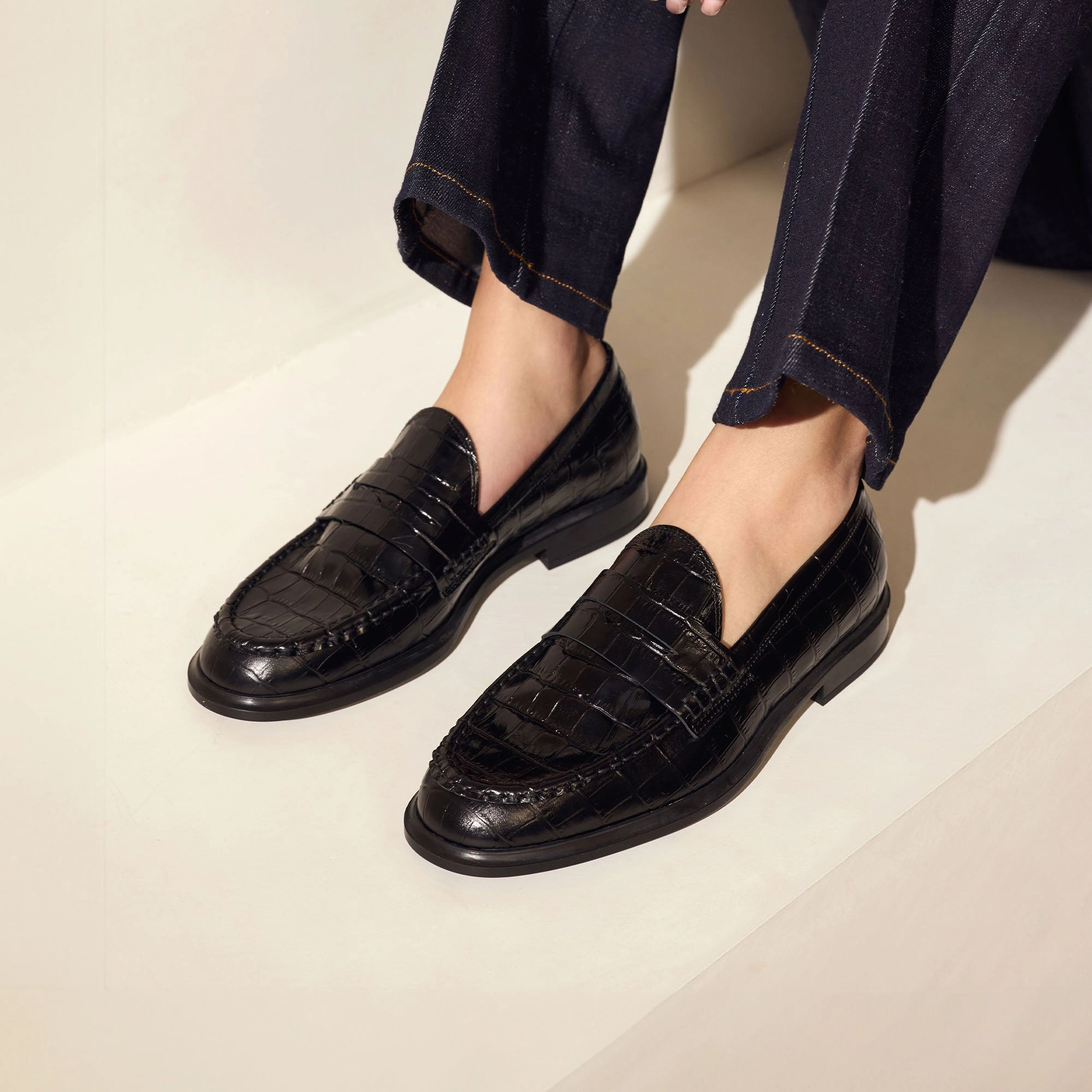 Vend?me Blandine croco black calfskin leather loafers Mid Heel Prime Walk