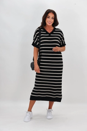 Shine On Label Patricia Batwing Dress Black Natural Stripe Lightweight Feel Seamless Finish
