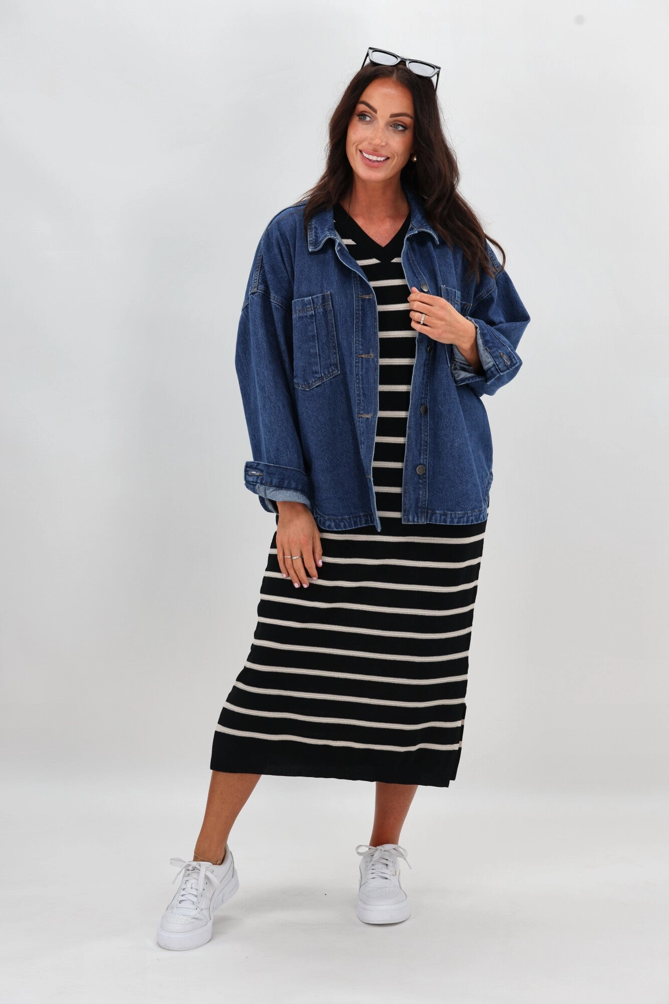 Fitted Mood Simple yet sophisticated gown Shine On Label Patricia Batwing Dress Black Natural Stripe