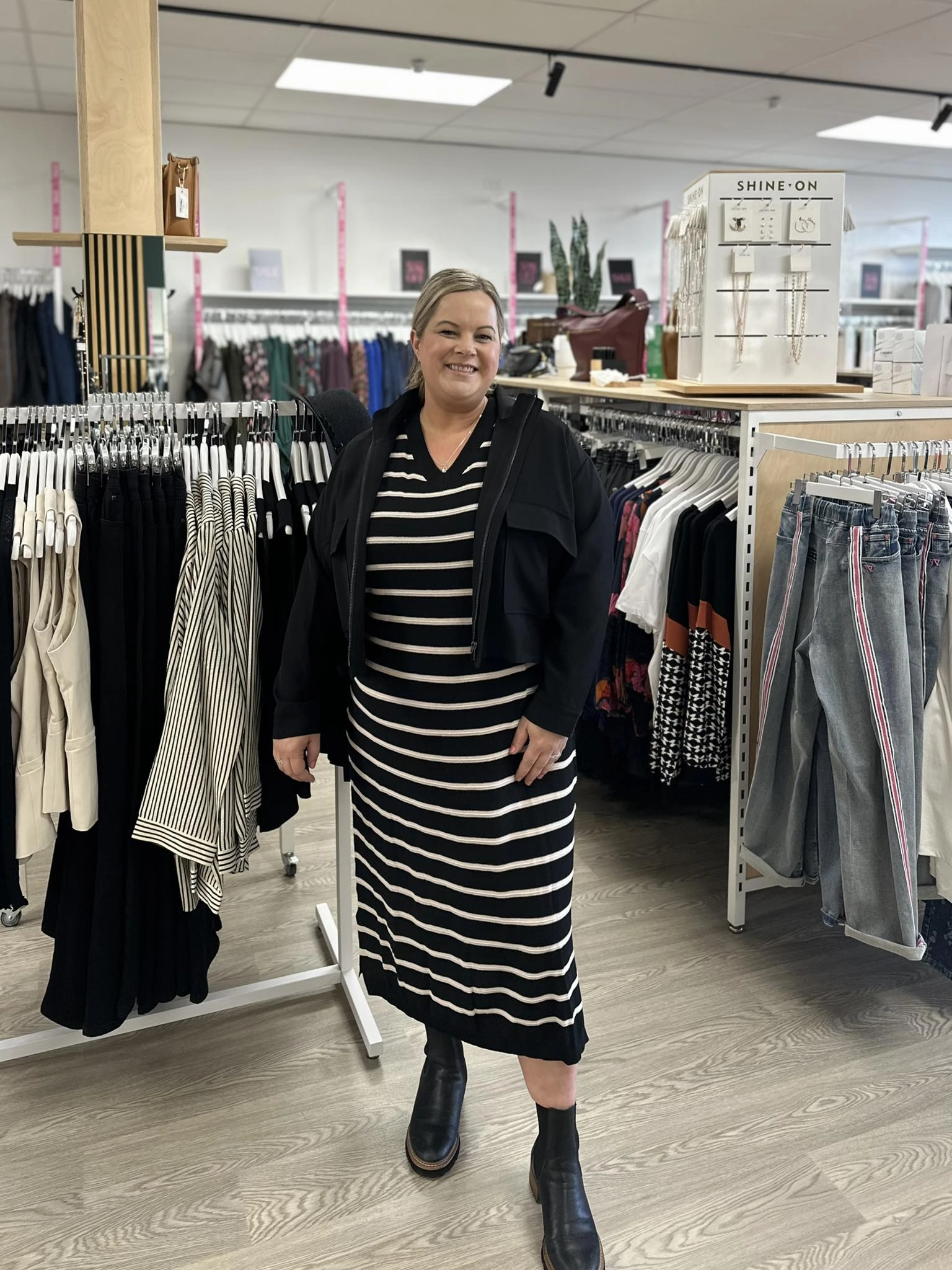 Shine On Label Patricia Batwing Dress Black Natural Stripe Moment Soft