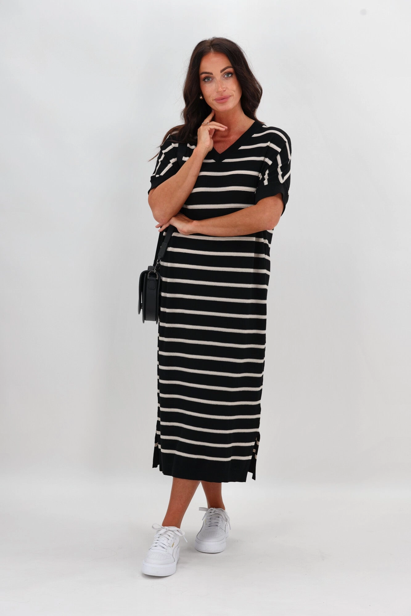 Shine On Label Patricia Batwing Dress Black Natural Stripe Calm Energy