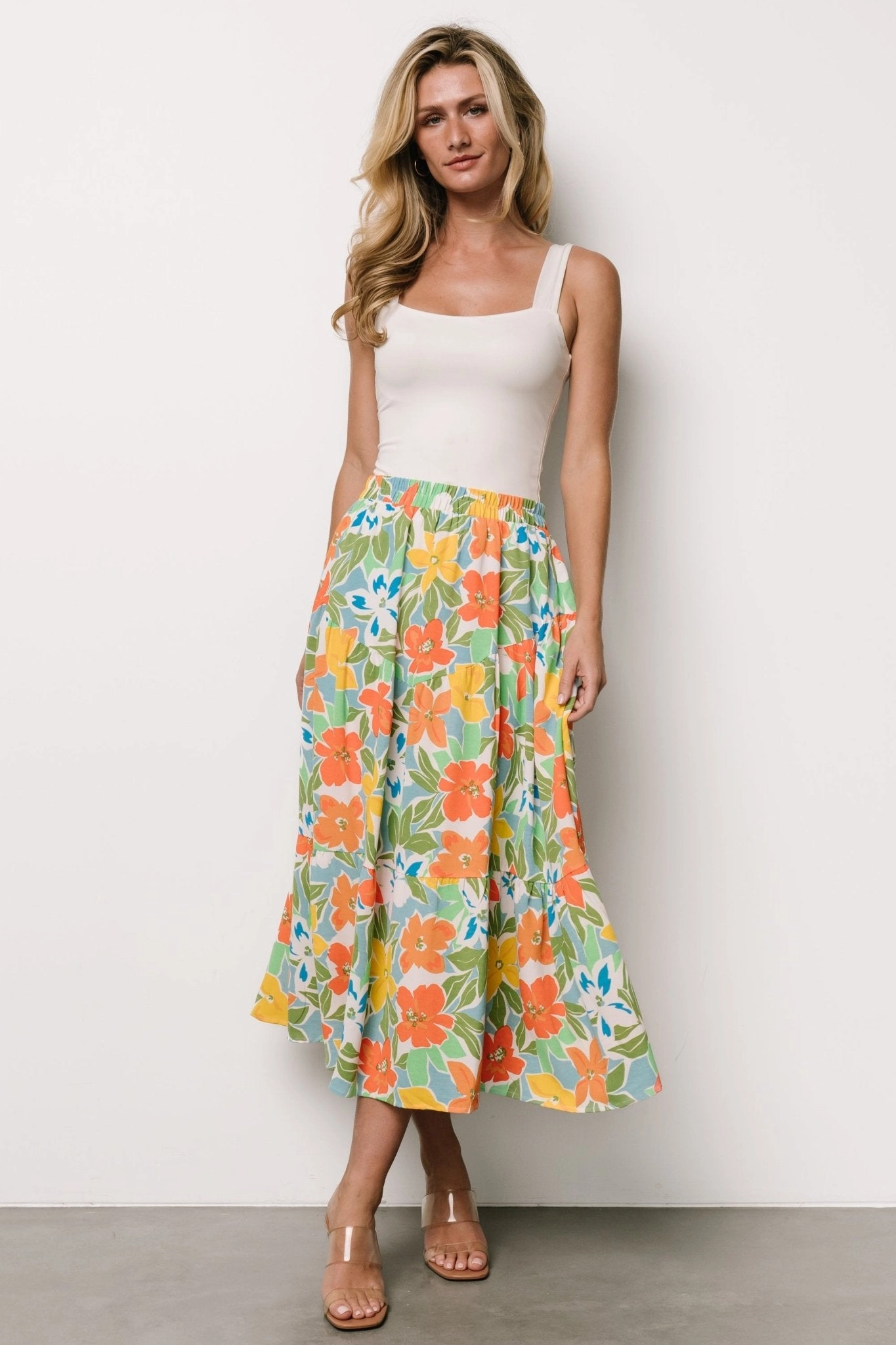 Nika Tiered Skirt | Orange   Blue Floral Bamboo Fiber