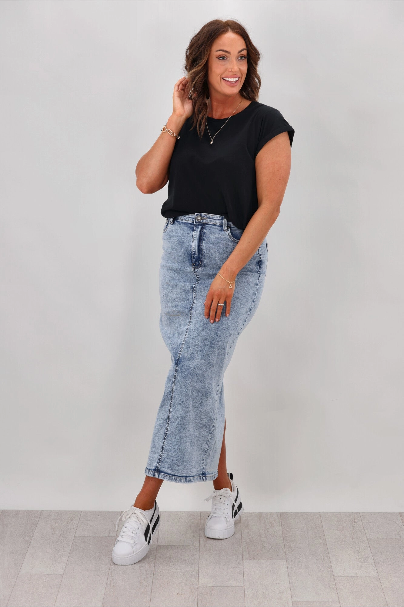 Wakee Erin Denim Skirt Washed Blue Clean Cut Tummy Control