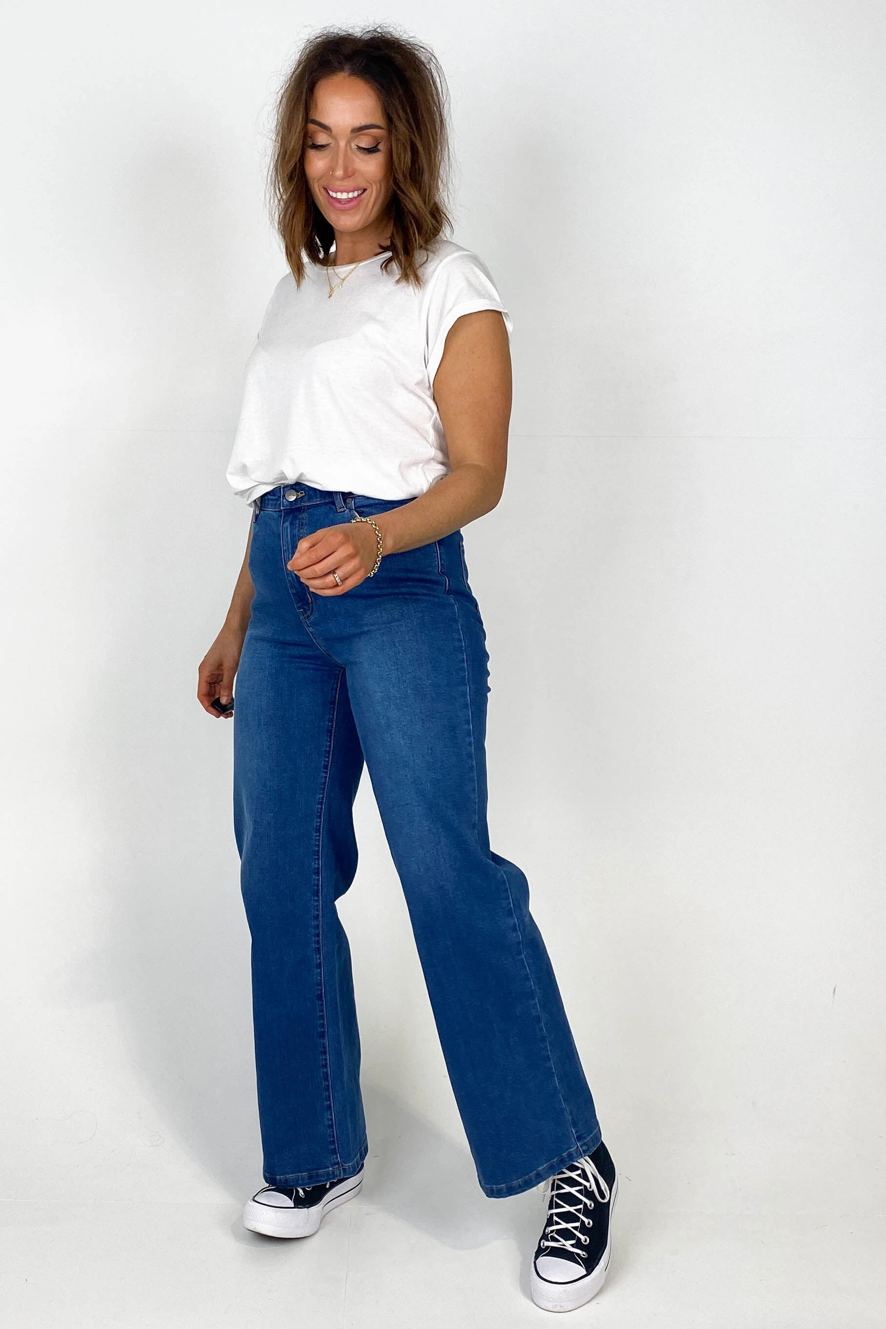 Wakee Gemma Wide Leg Jeans Dark Blue Fit Feel Power Mesh
