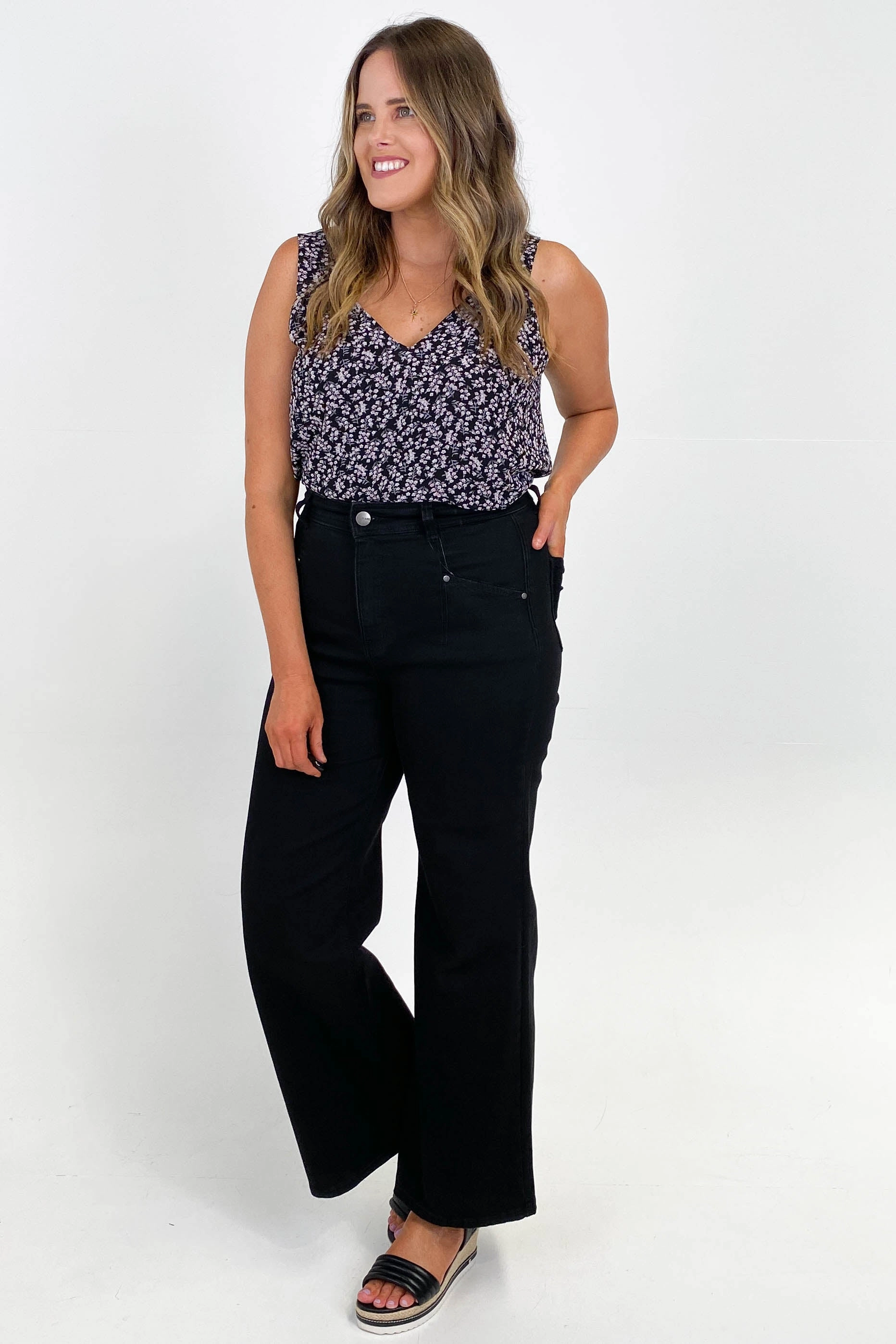 Double Layered Knees Travel Friendly Wakee Natalia Wide Leg Jean Black